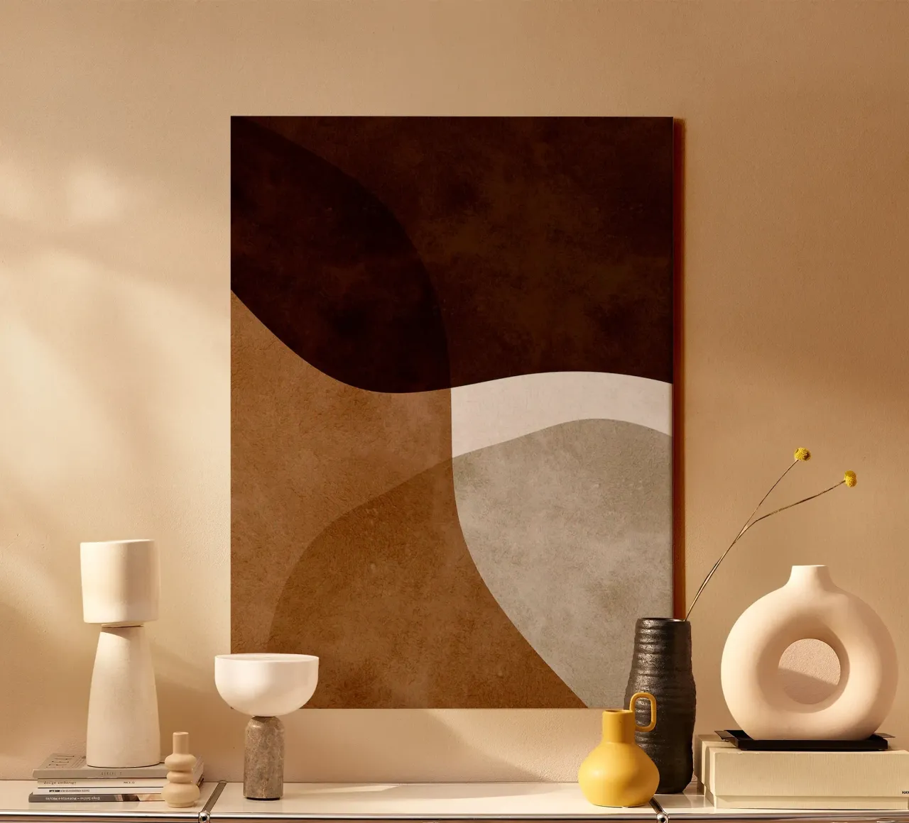 Abstract Brown and White Art canvas with Floater frame by Leon Franke