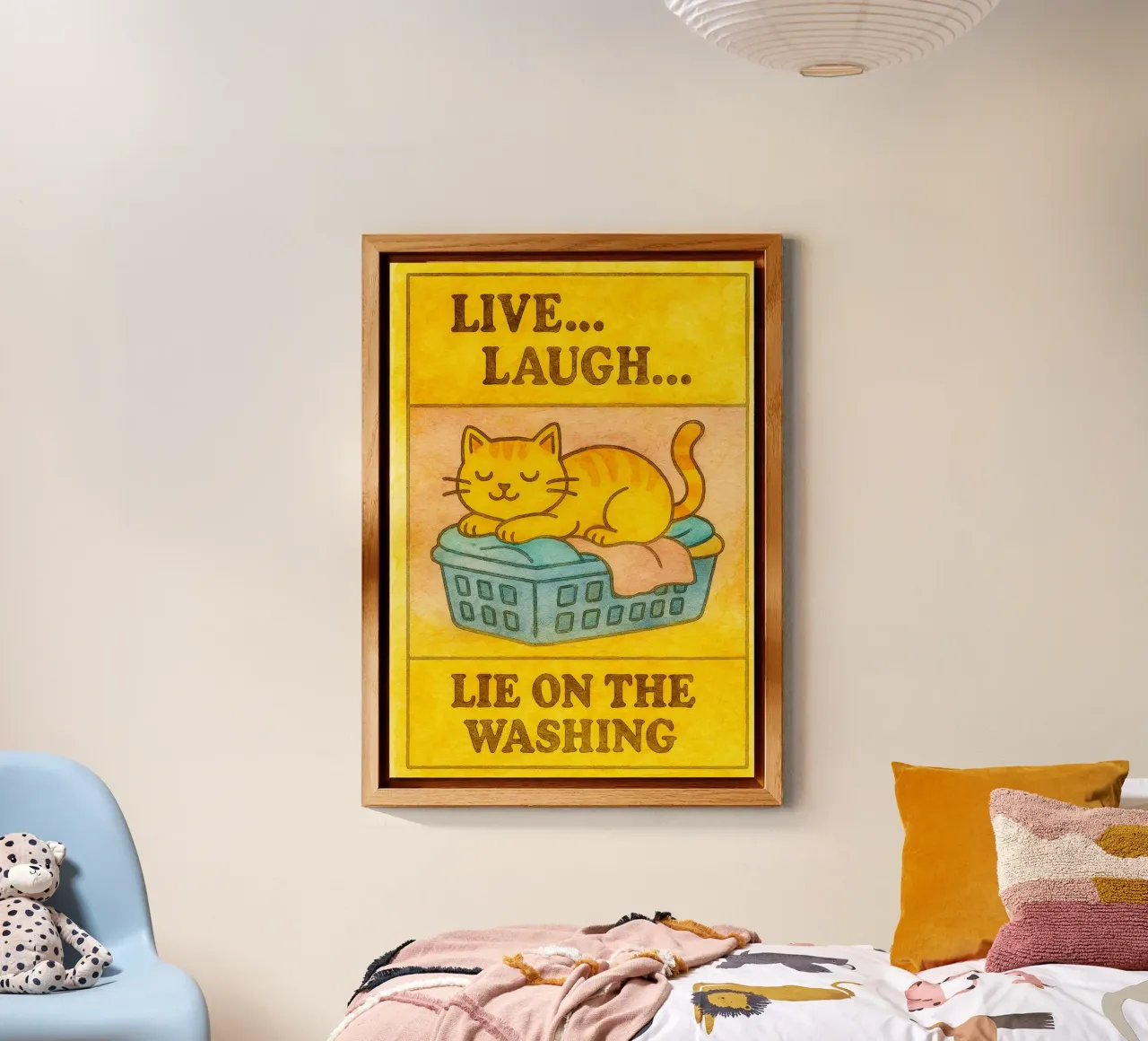 funny lazy cat live laugh lie on the washing aluminio dibond de tanabaroo