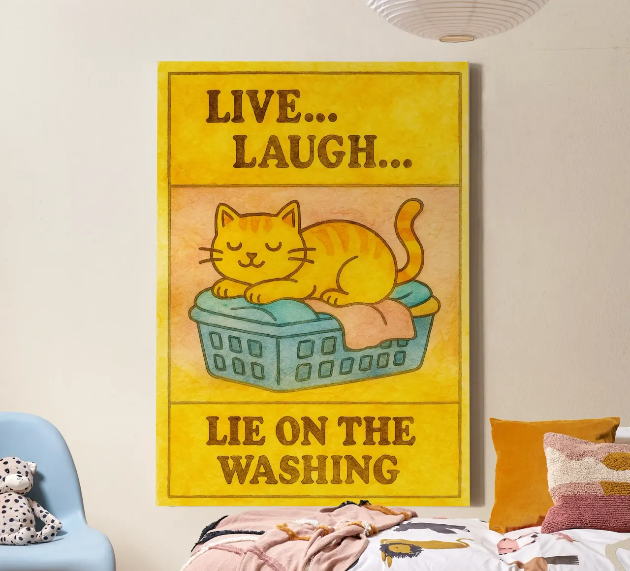 grappige luie kat leven lachen liggen op de was canvas met Baklijst van tanabaroo