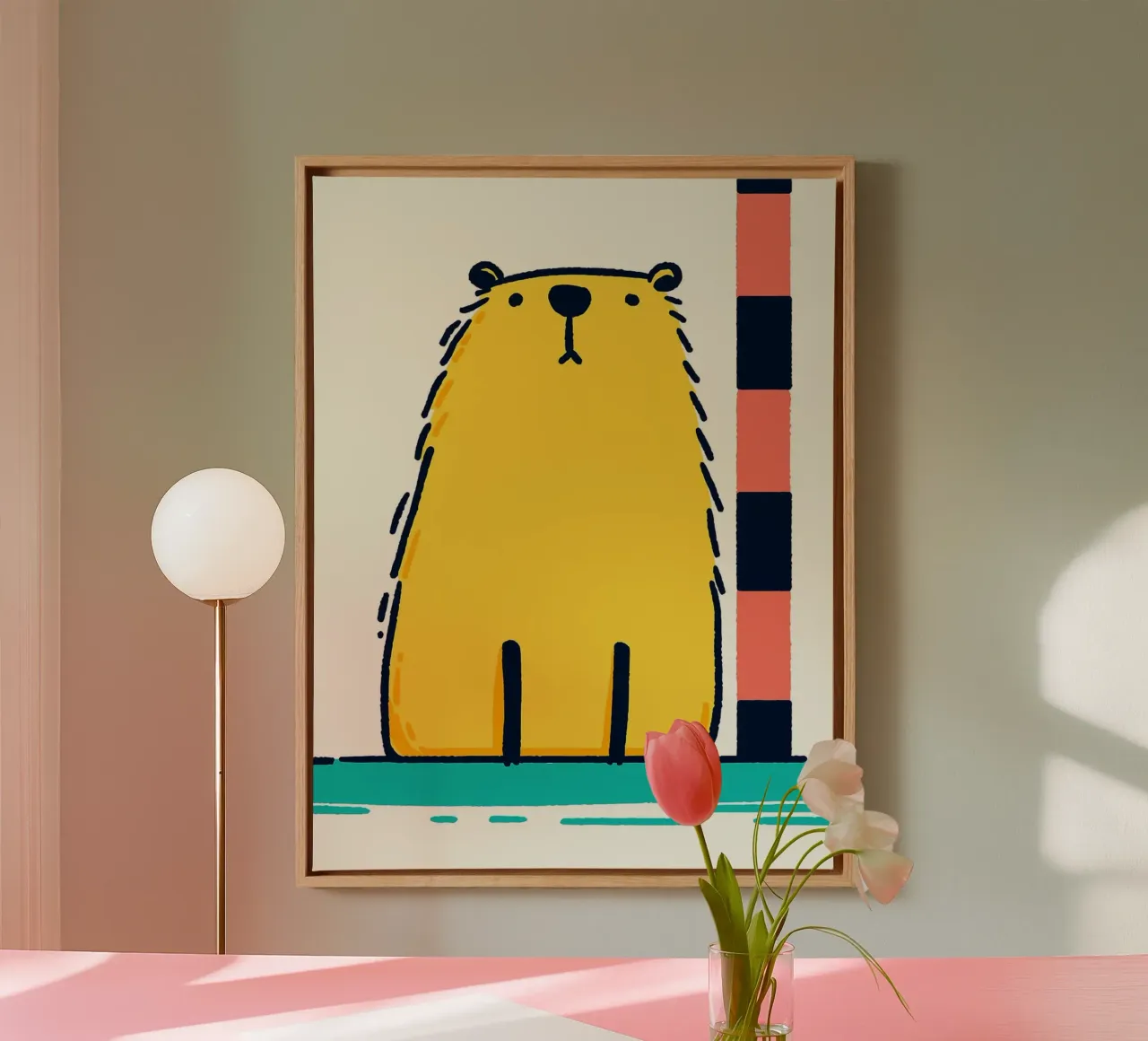 Simpatico orso giallo che misura l'altezza tela con Cornice a cassetta da Hannah Meyer
