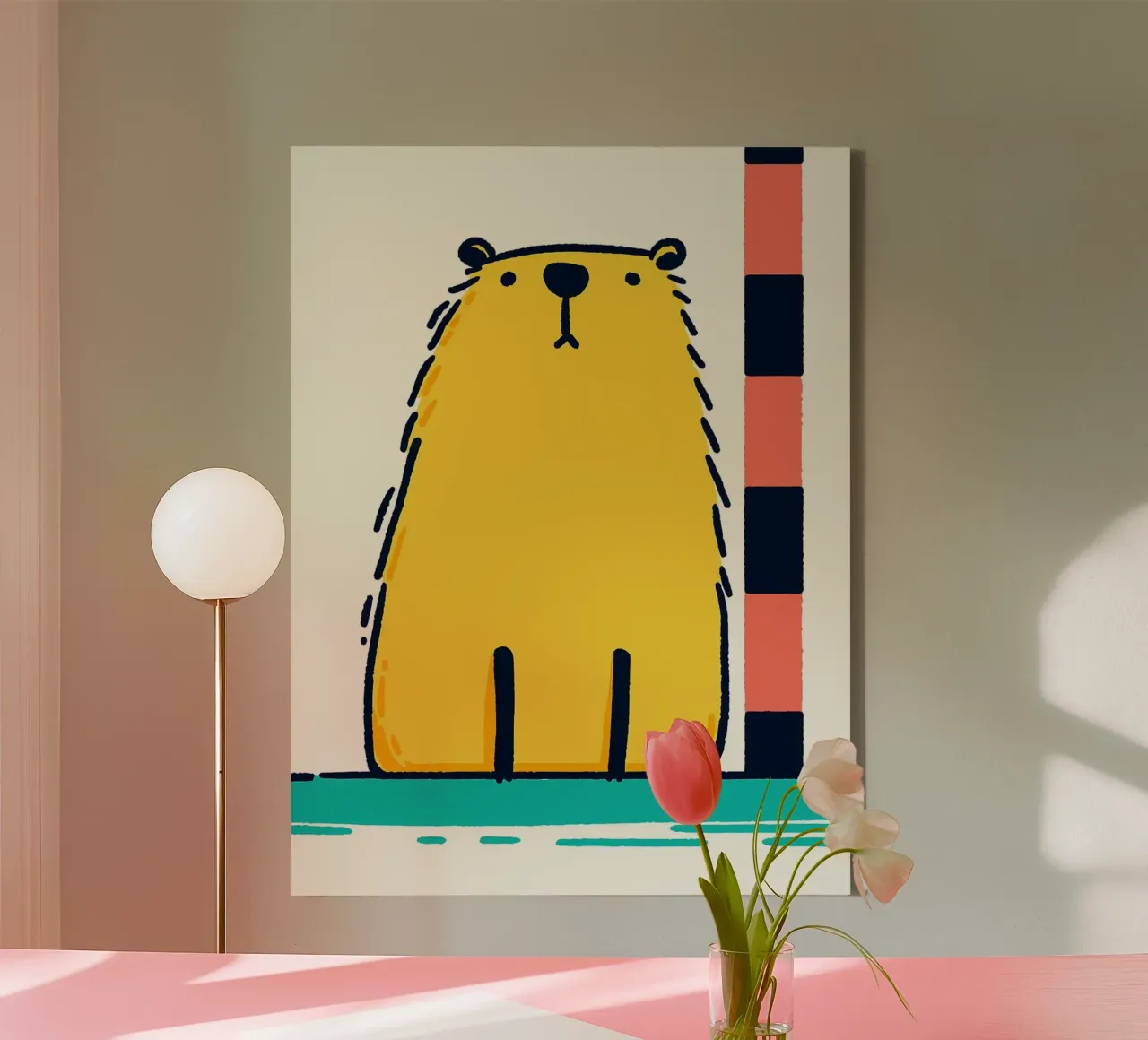 Simpatico orso giallo che misura l'altezza tela con Cornice a cassetta da Hannah Meyer