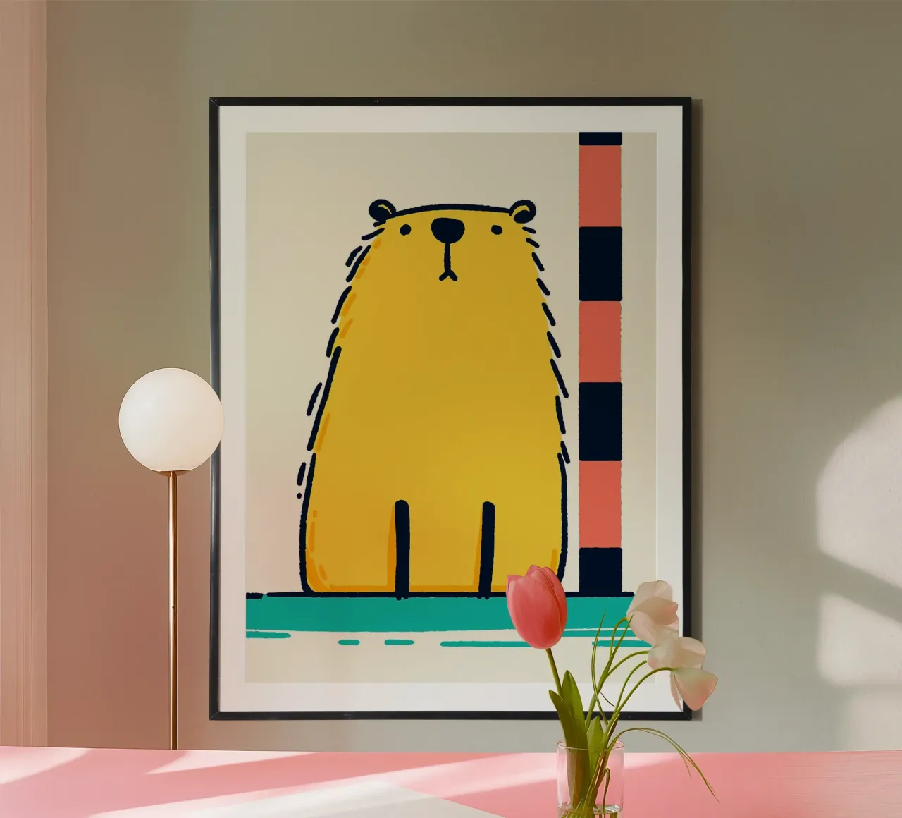 Mignon ours jaune mesurant la taille poster avec cadre en bois de Hannah Meyer