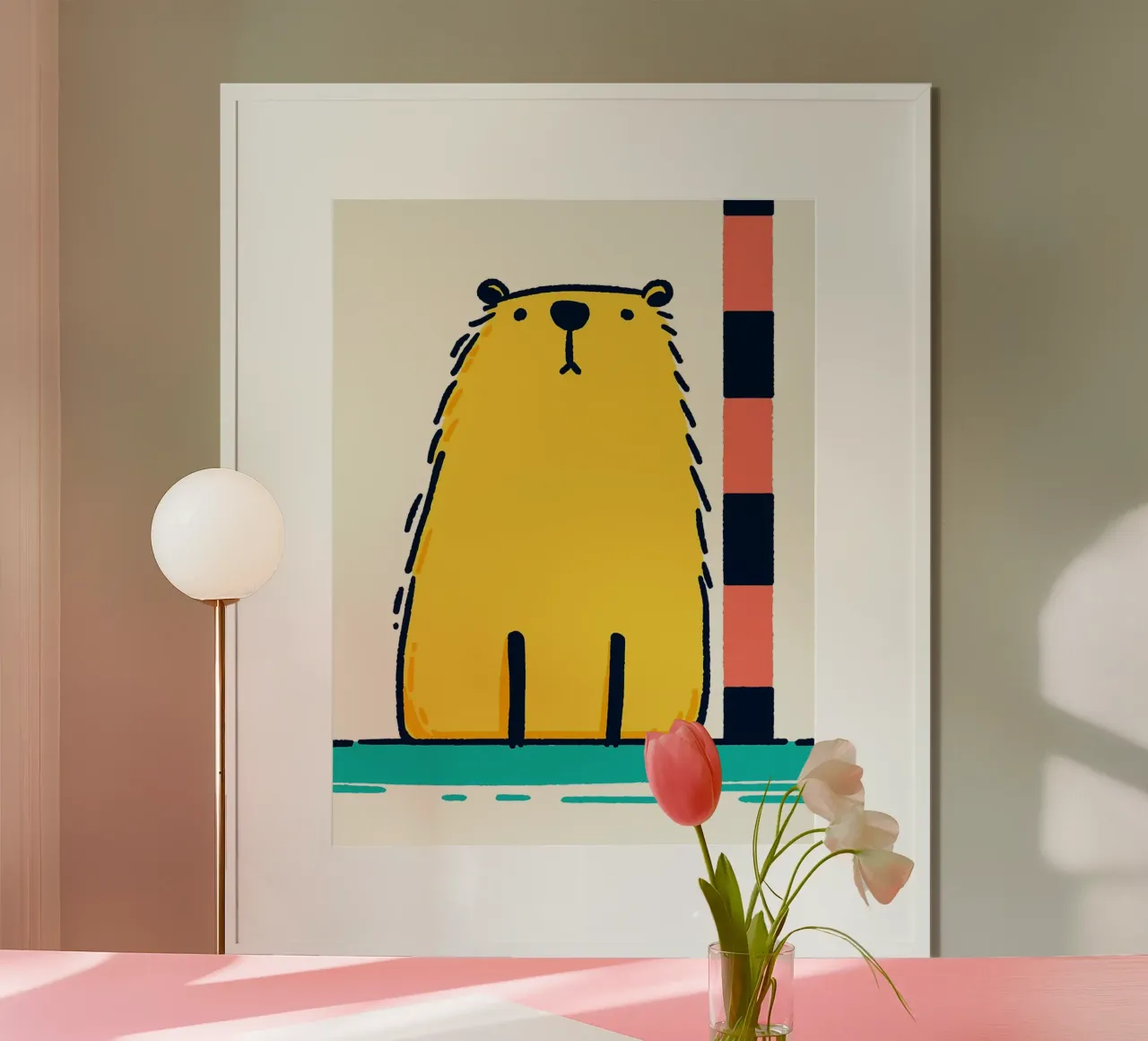 Mignon ours jaune mesurant la taille poster avec cadre en bois de Hannah Meyer