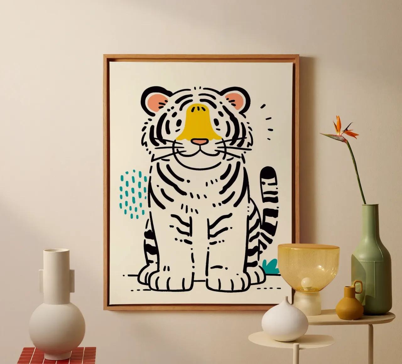 Tigre sorridente dei cartoni animati tela con Cornice a cassetta da Hannah Meyer