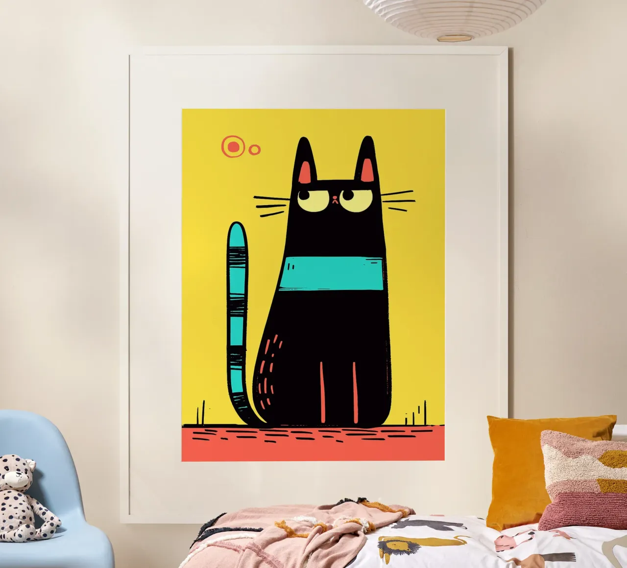 Chat noir à queue sarcelle poster avec cadre en bois de Hannah Meyer