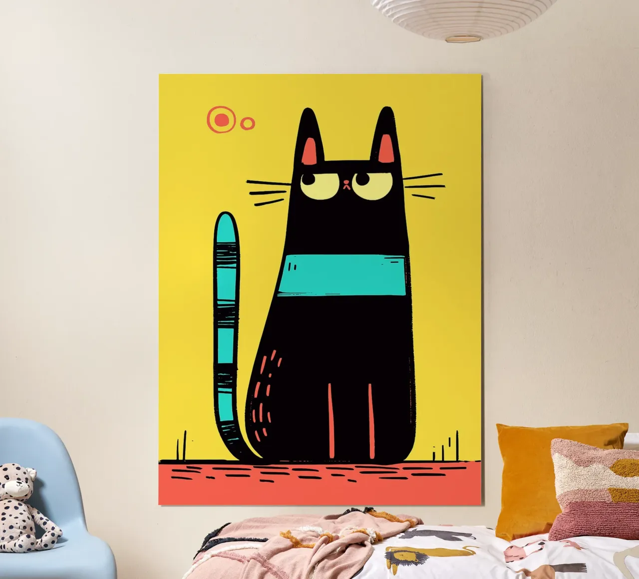 Chat noir à queue sarcelle poster avec cadre en bois de Hannah Meyer