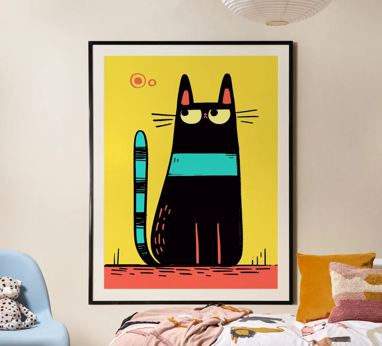 Chat noir à queue sarcelle poster avec cadre en bois de Hannah Meyer