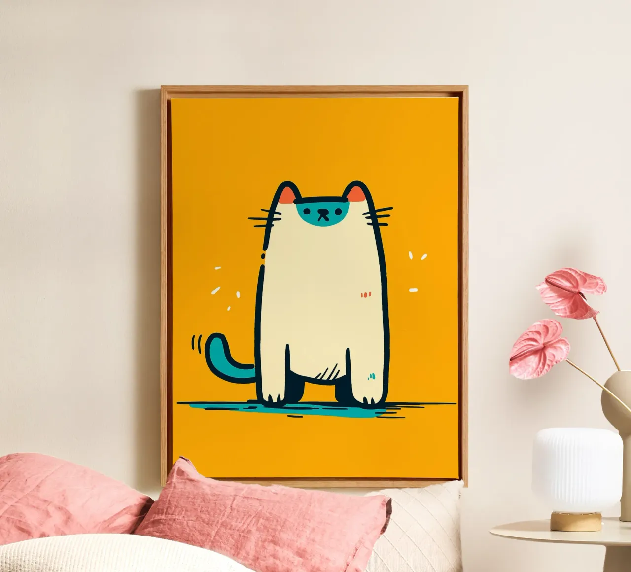 Illustrazione di un gatto carino dei cartoni animati tela con Cornice a cassetta da Hannah Meyer