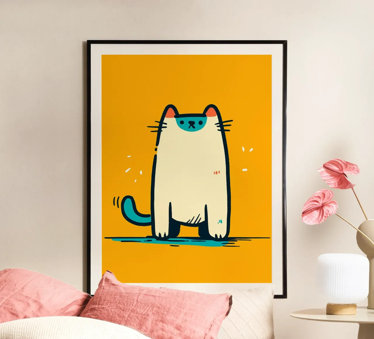 Illustrazione di un gatto carino dei cartoni animati poster con telaio in plastica da Hannah Meyer