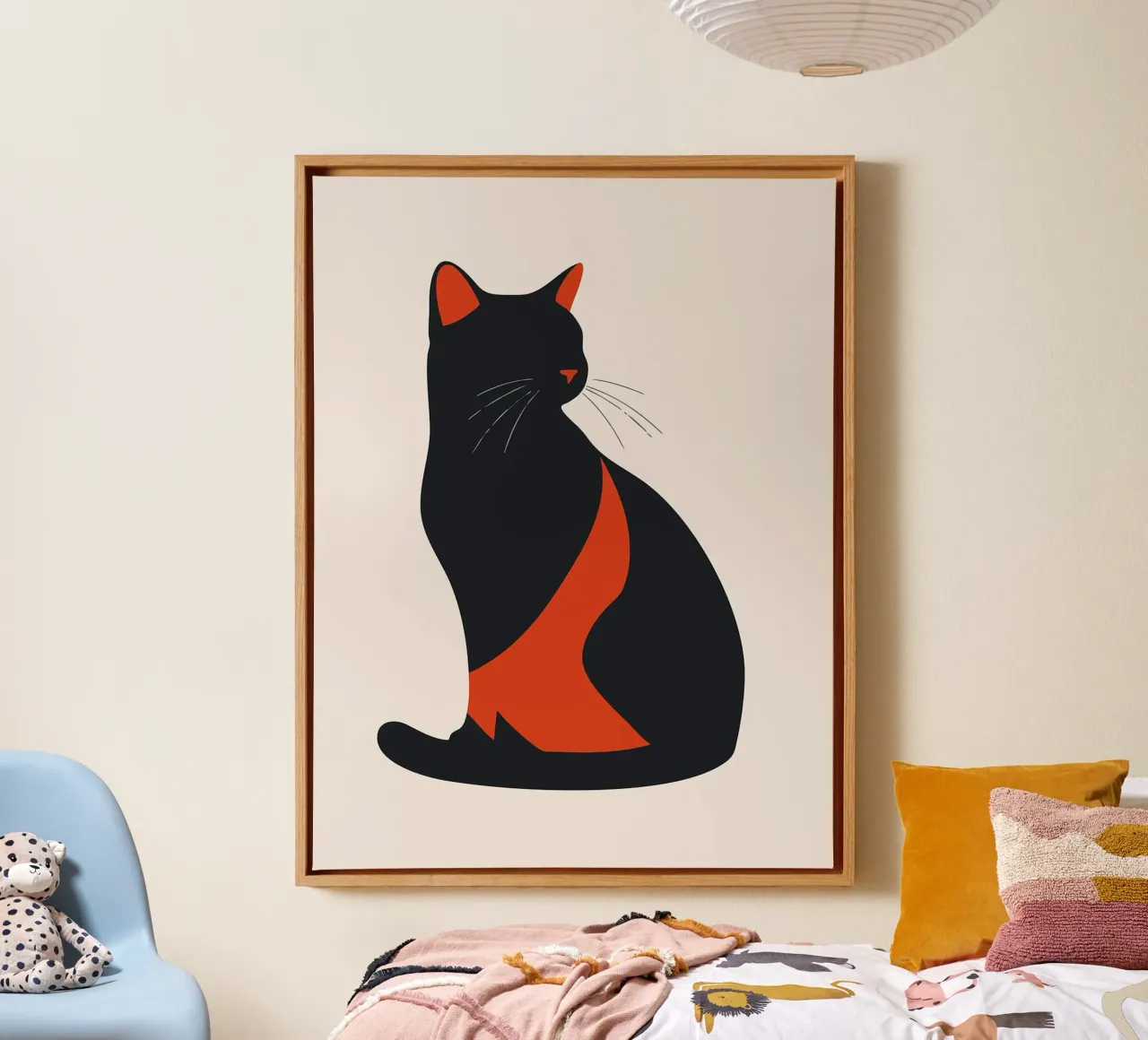 Minimalistisch zwart kattensilhouet met rode accenten Art canvas met Baklijst van Hannah Meyer