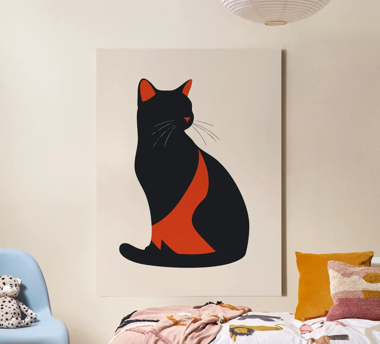 Minimalistisch zwart kattensilhouet met rode accenten Art canvas met Baklijst van Hannah Meyer