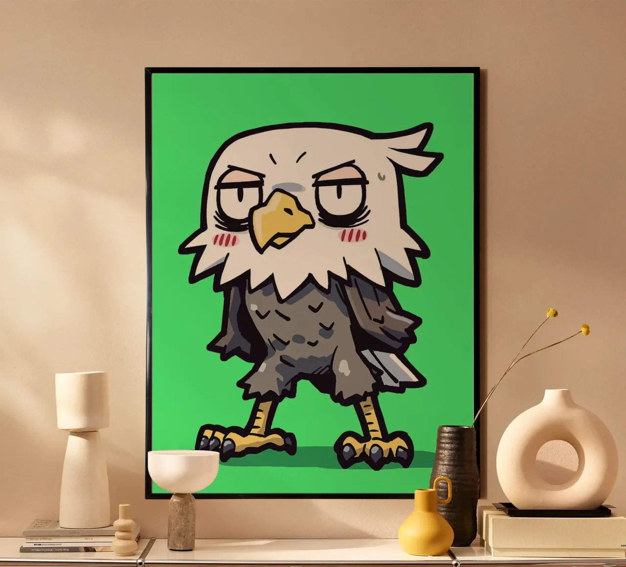 Aquila arrabbiata dei cartoni animati poster con telaio in legno da Hannah Meyer