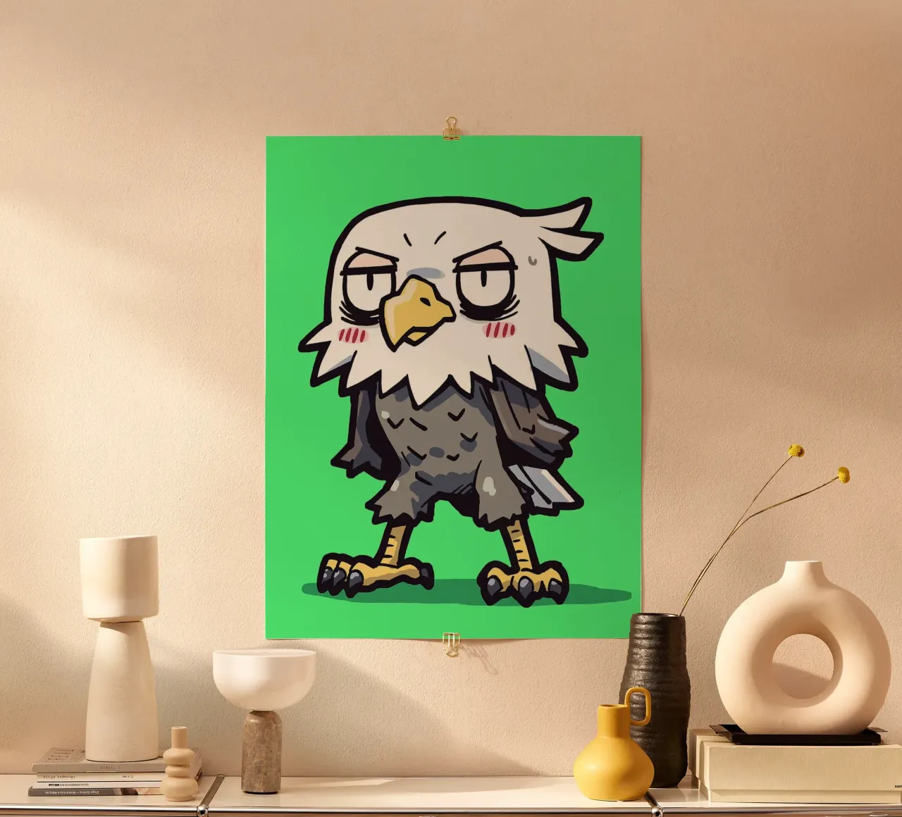 Aquila arrabbiata dei cartoni animati poster con telaio in legno da Hannah Meyer