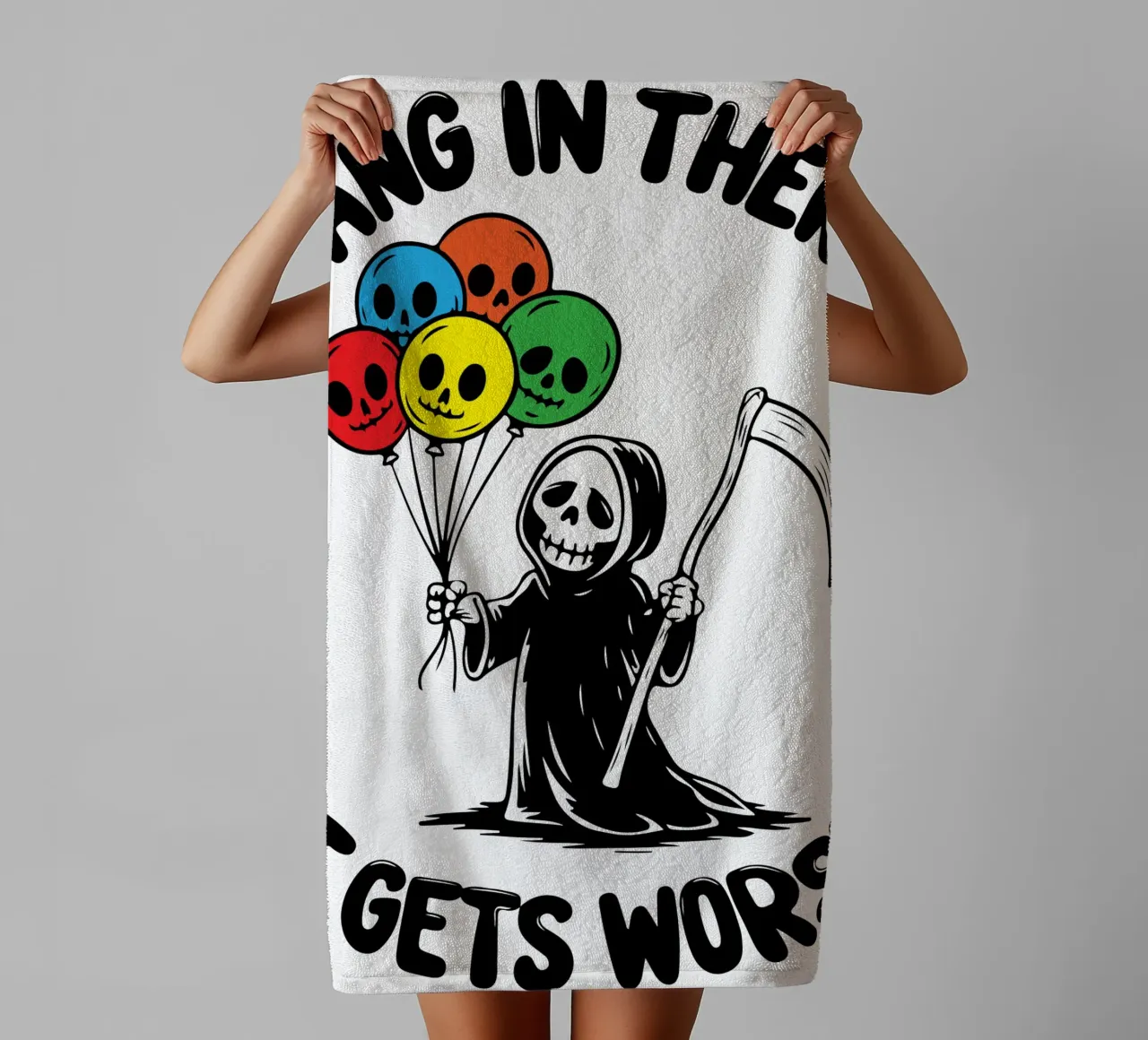 hang in there skeleton towel by tanabaroo