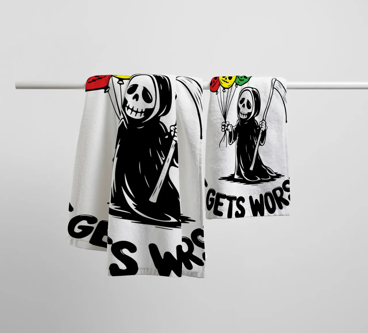 hang in there skeleton towel by tanabaroo