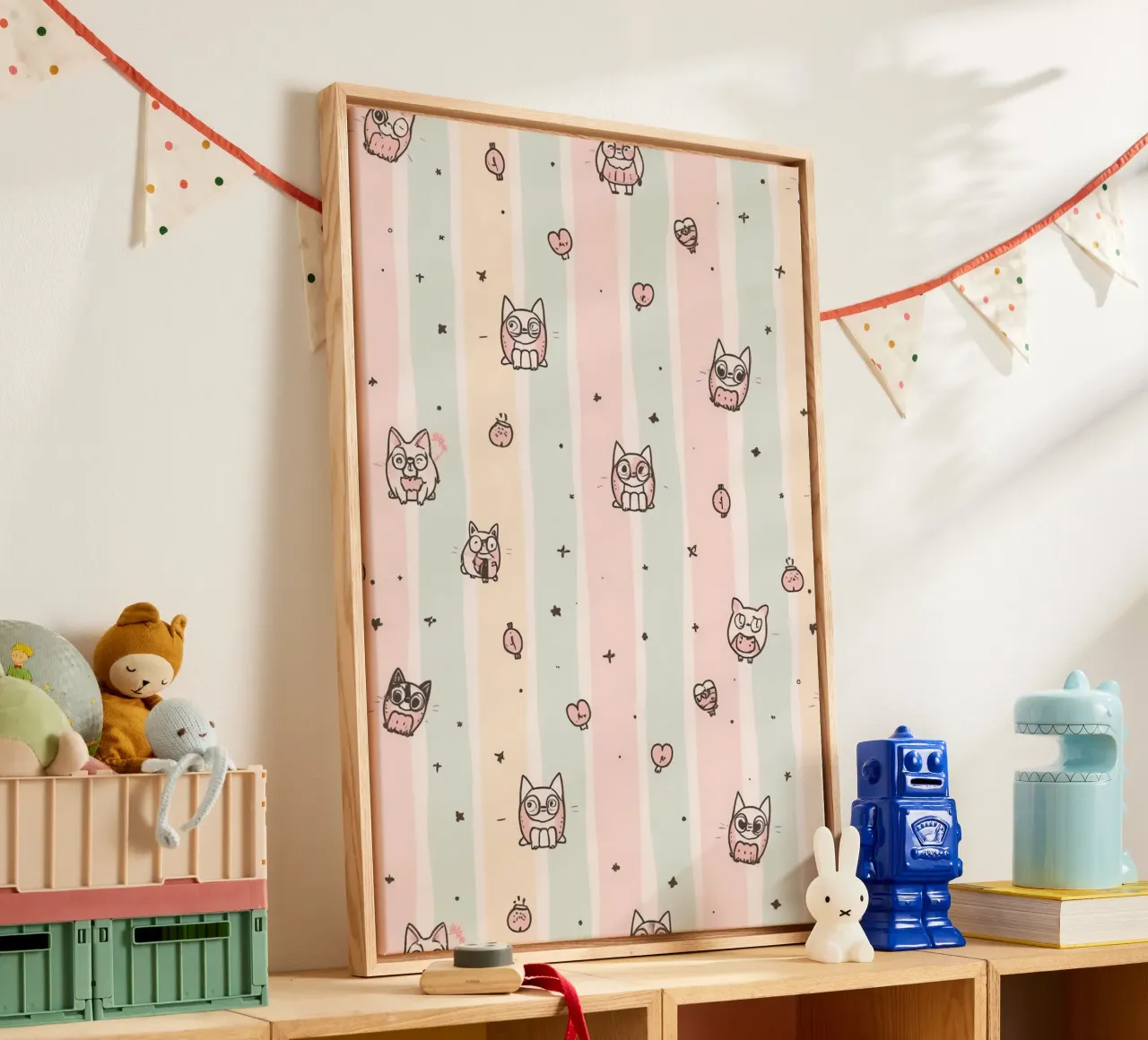 Gatti carini dei cartoni animati su sfondo a righe tela con Cornice a cassetta da DesignDoodle