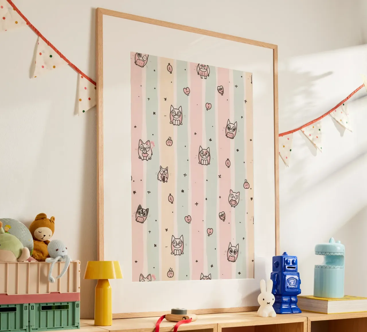 Gatti carini dei cartoni animati su sfondo a righe poster con telaio in alluminio da DesignDoodle