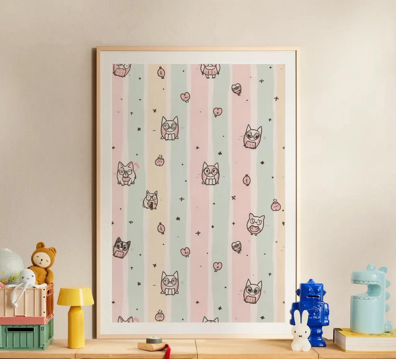 Gatti carini dei cartoni animati su sfondo a righe poster con telaio in alluminio da DesignDoodle