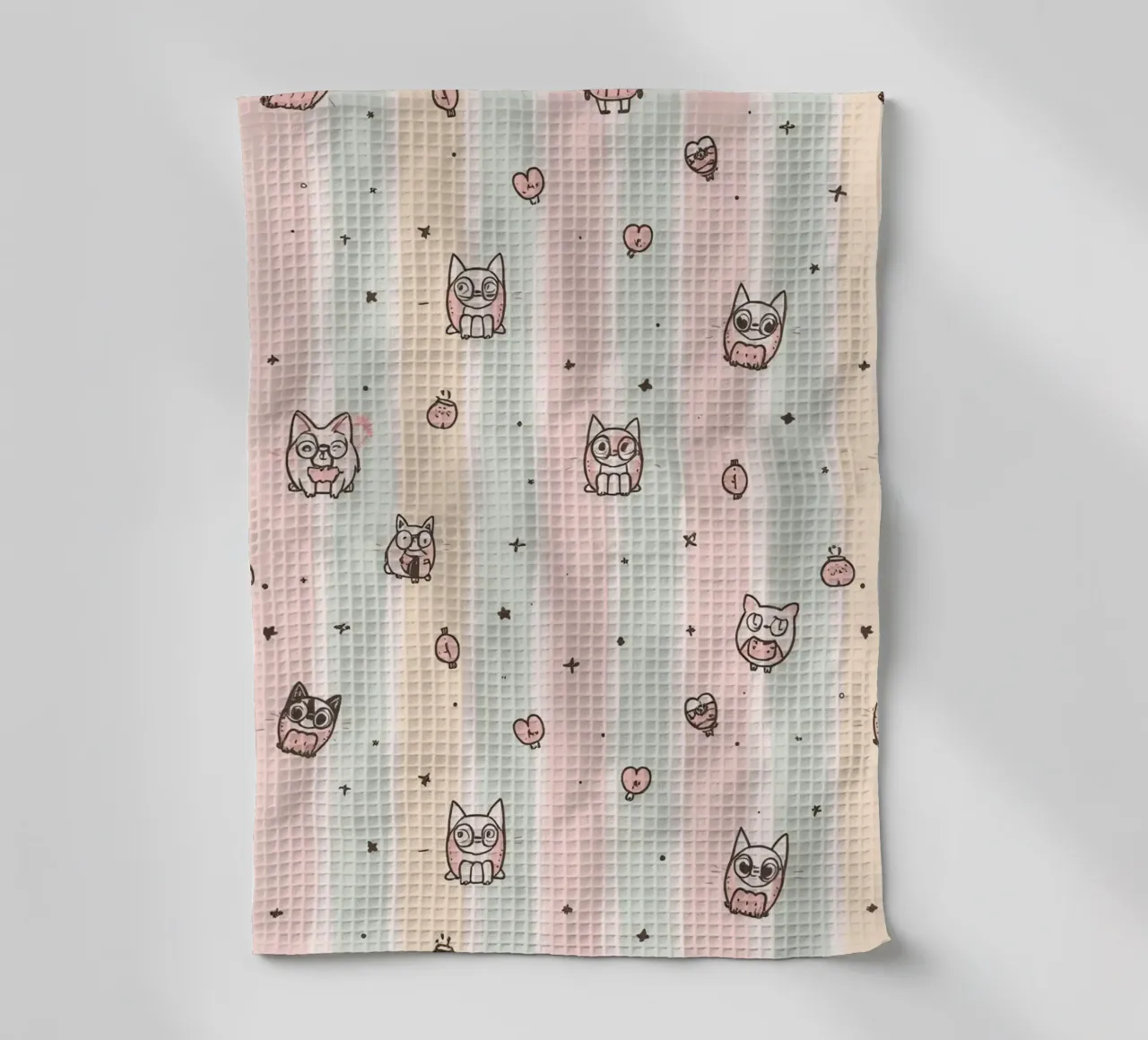 Gatti carini dei cartoni animati su sfondo a righe canovaccio da cucina da DesignDoodle