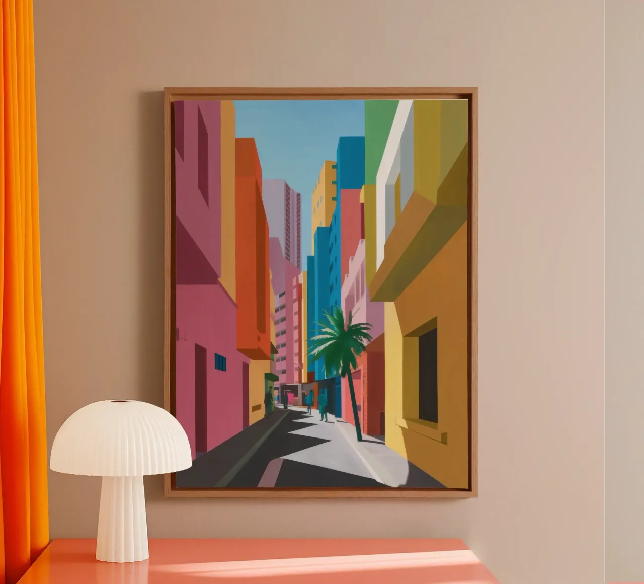 Chromatic Alley Perspective canvas with Floater frame by Enter Bloom