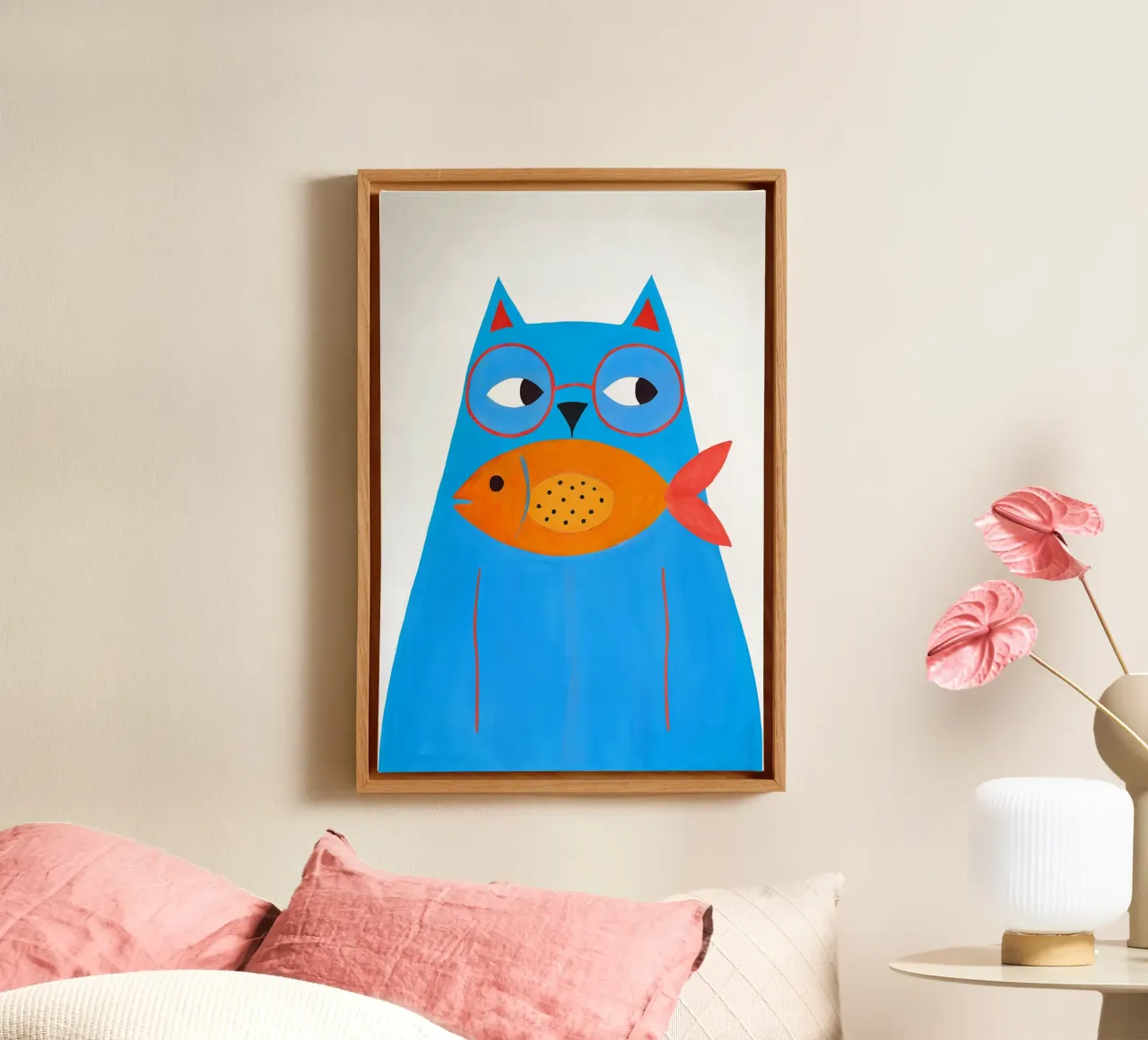 Gatto blu con occhiali e pesci - poster di animali per la stanza dei bambini tela con Cornice a cassetta da KidzStudio