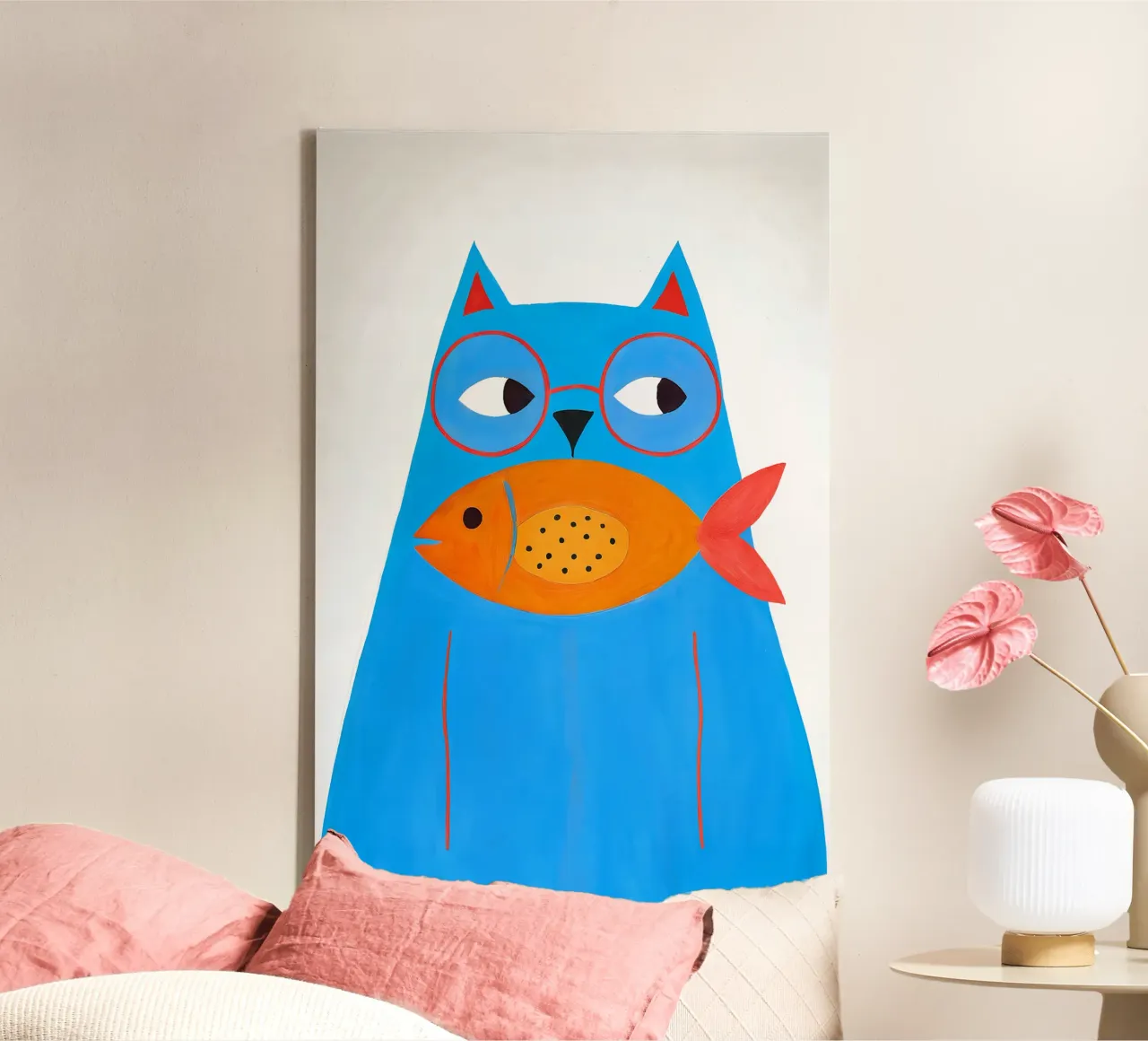 Gatto blu con occhiali e pesci - poster di animali per la stanza dei bambini tela con Cornice a cassetta da KidzStudio