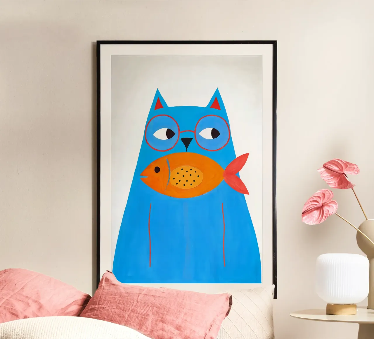 Gatto blu con occhiali e pesci - poster di animali per la stanza dei bambini poster con telaio in plastica da KidzStudio