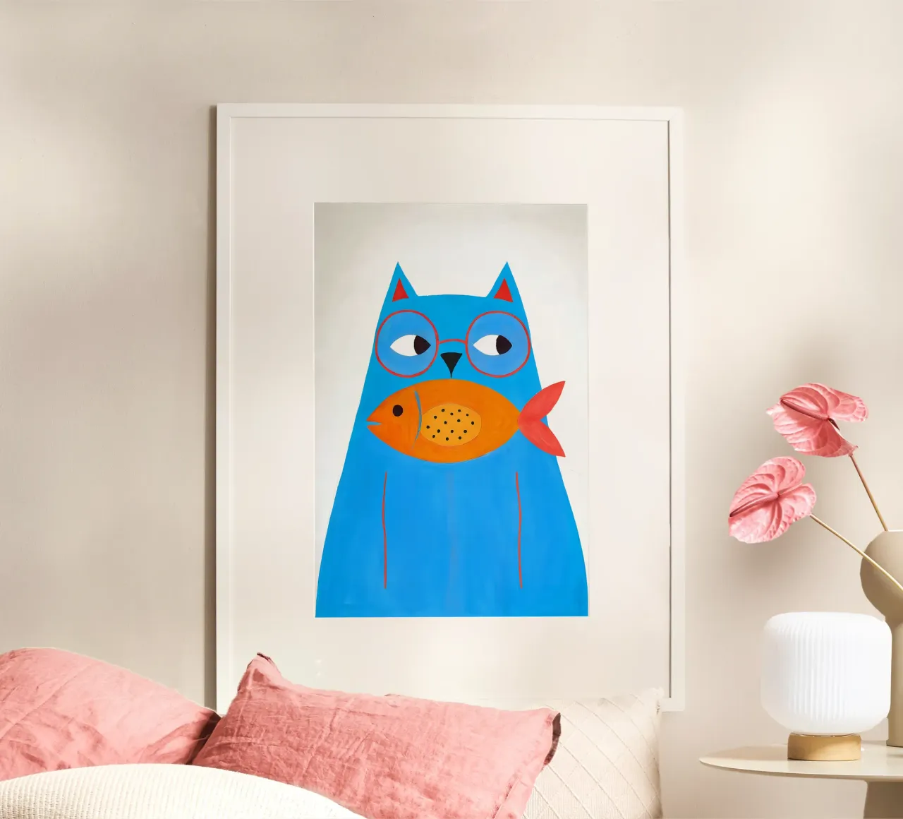 Gatto blu con occhiali e pesci - poster di animali per la stanza dei bambini poster con telaio in plastica da KidzStudio