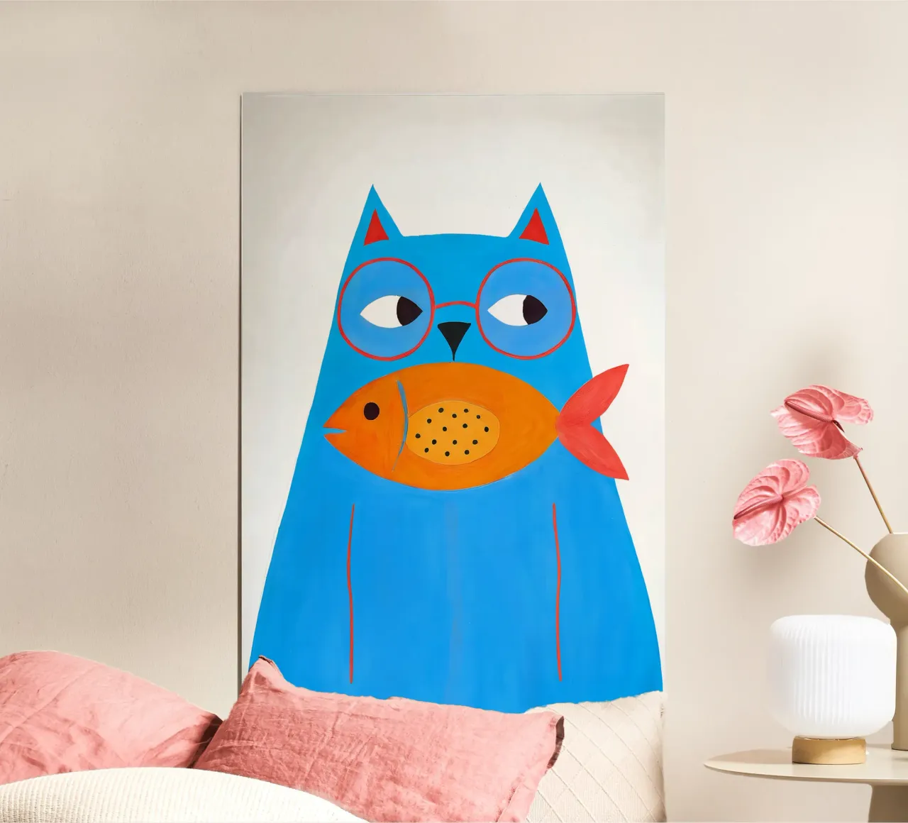 Gatto blu con occhiali e pesci - poster di animali per la stanza dei bambini poster con telaio in plastica da KidzStudio