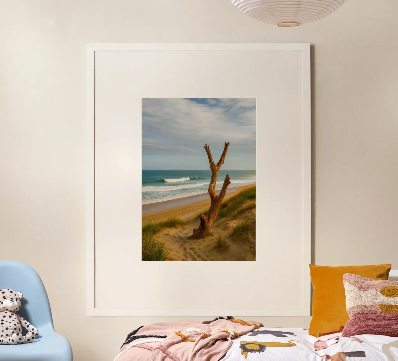 alberi secchi sulla spiaggia panorama naturale poster con telaio in legno da chinerei