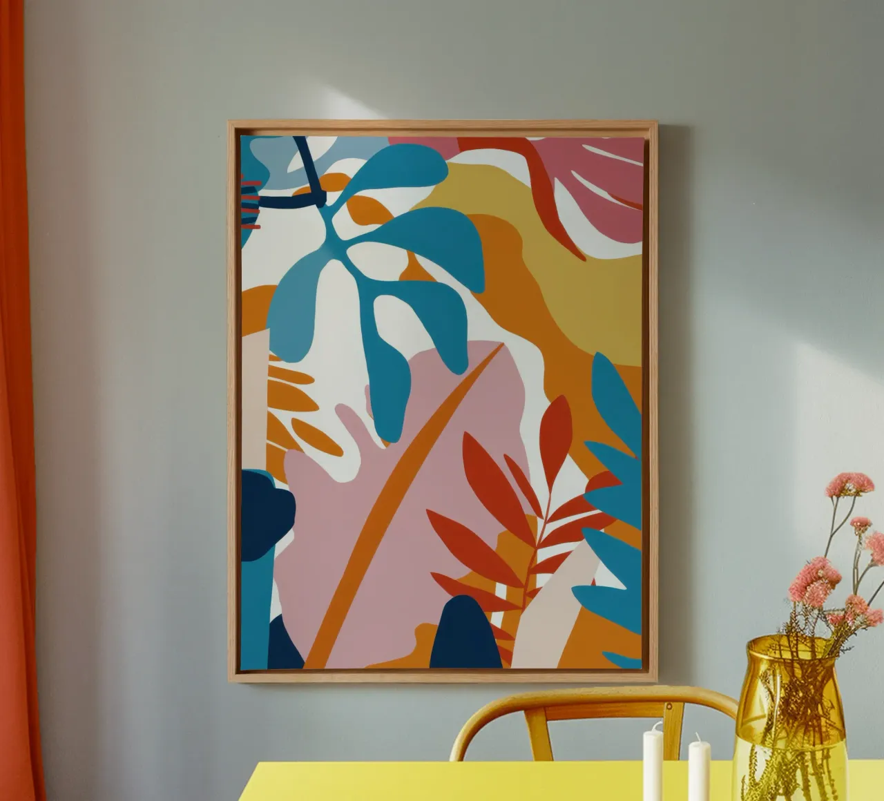 Terracotta bladerdans canvas met Baklijst van Enter Bloom