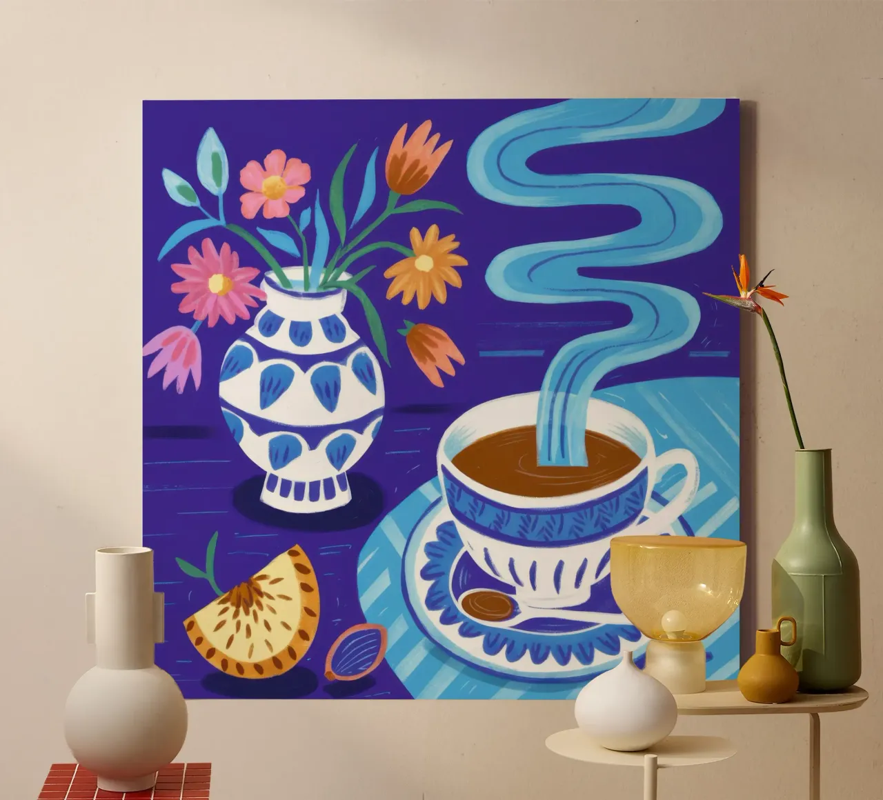 Steaming Coffee Serenade canvas with Floater frame by Enter Bloom
