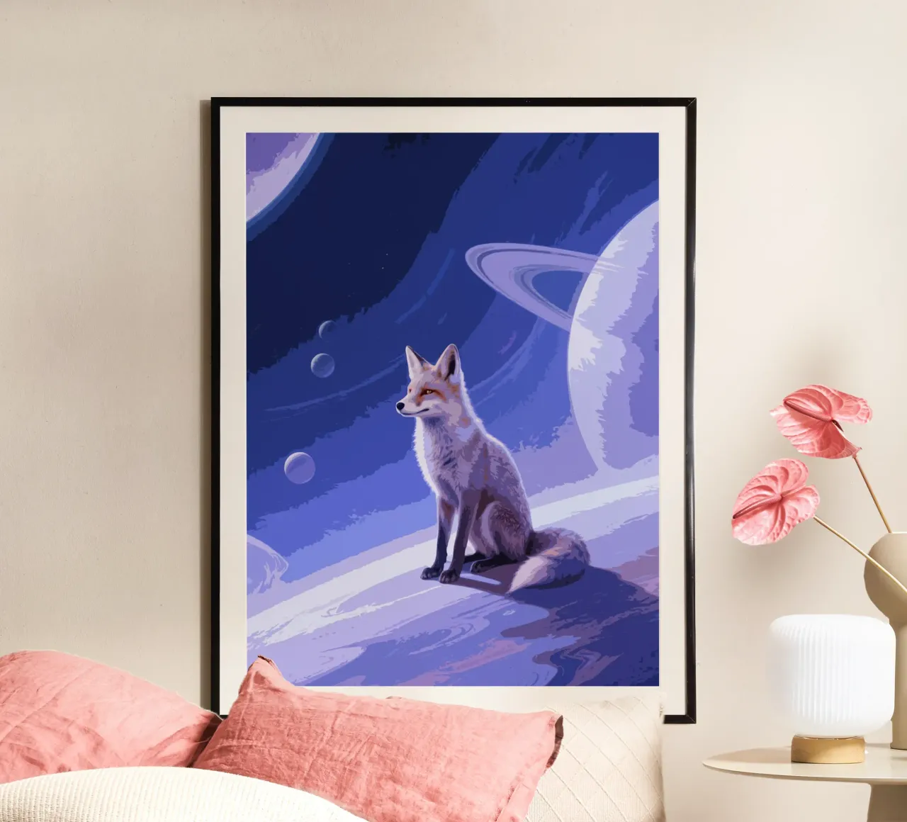 fox in the space poster con telaio in alluminio da knowledge
