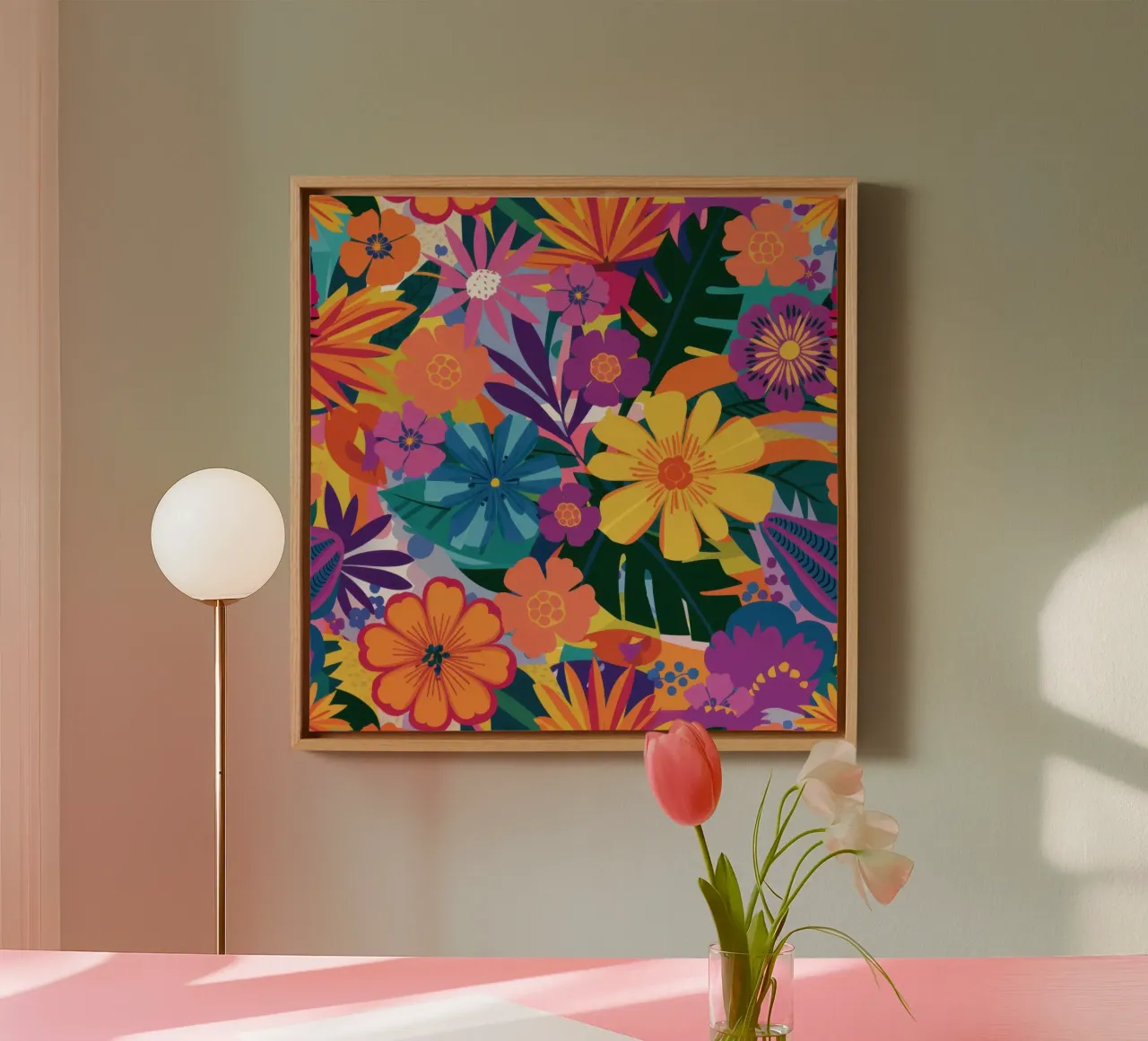 Levendige bloemenchaos canvas met Baklijst van Sure Paint