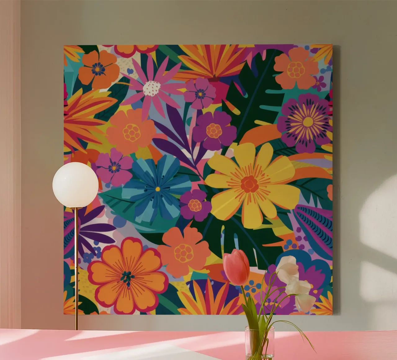 Levendige bloemenchaos canvas met Baklijst van Sure Paint