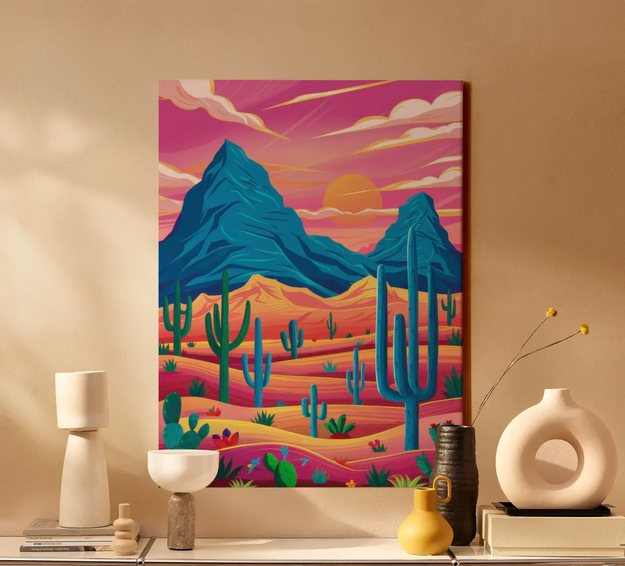 Karmijnrode woestijn droomlandschap canvas met Baklijst van Sure Paint