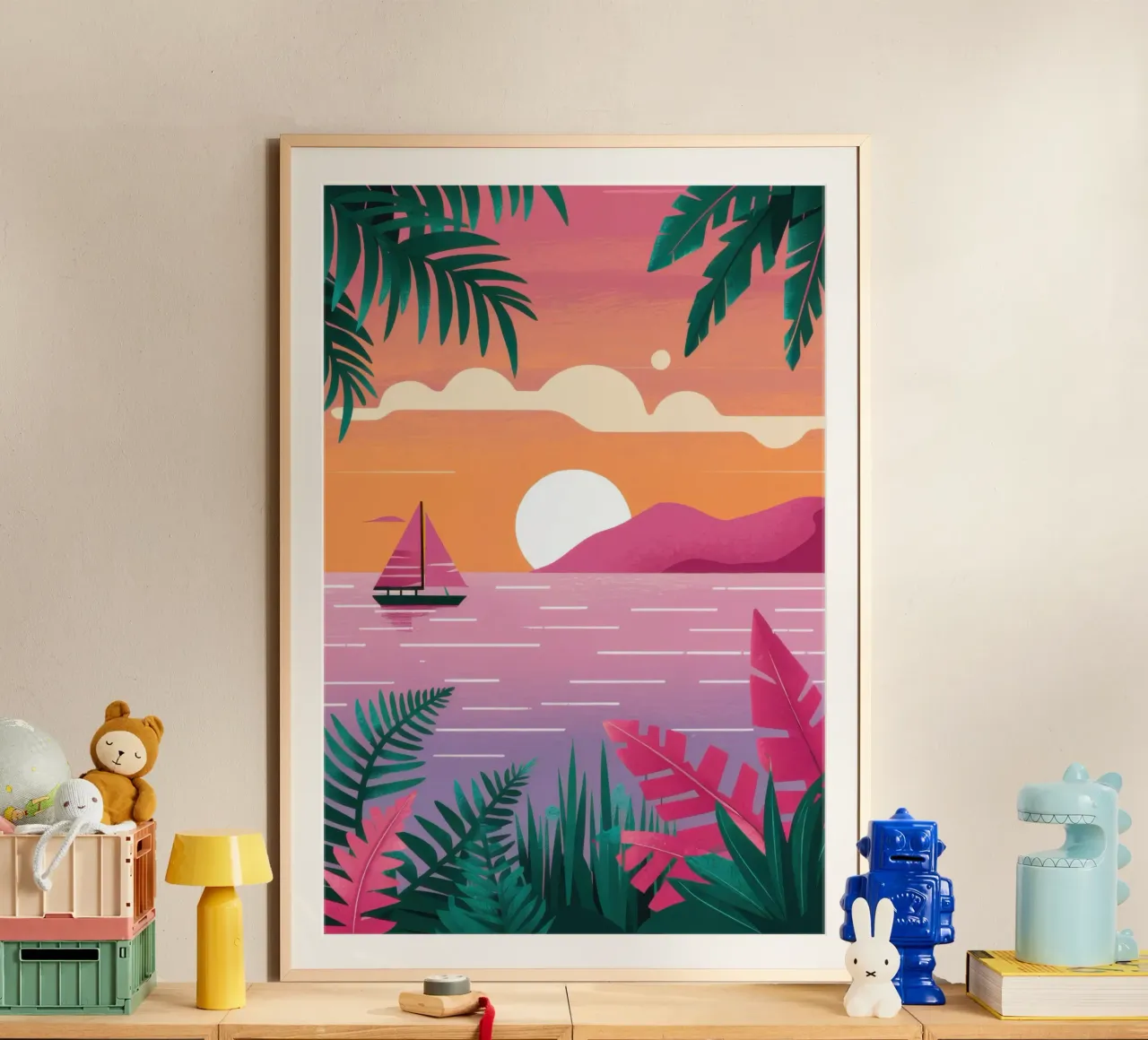 Serenità del tramonto tropicale poster con telaio in plastica da Sure Paint