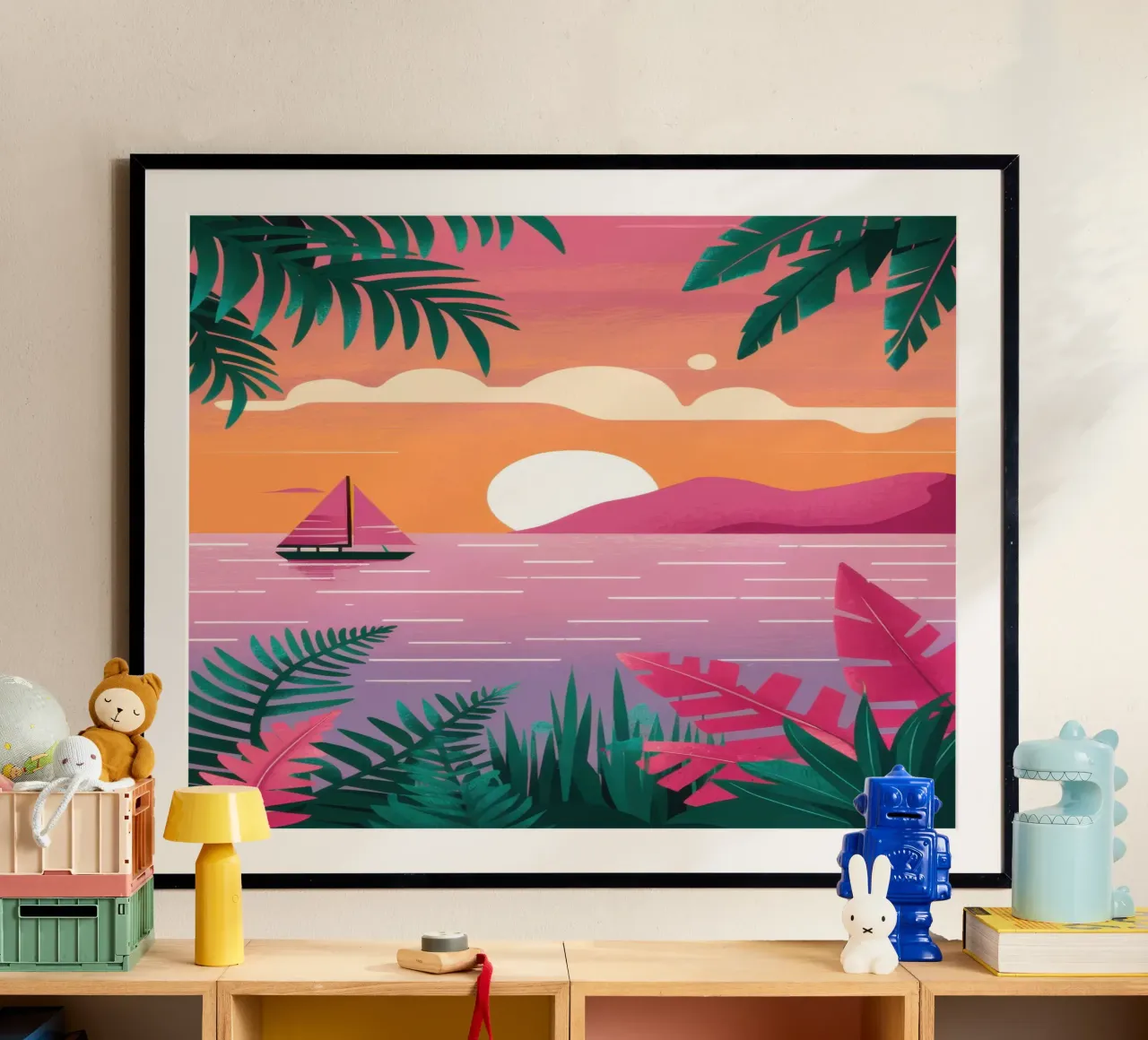 Serenità del tramonto tropicale poster con telaio in plastica da Sure Paint