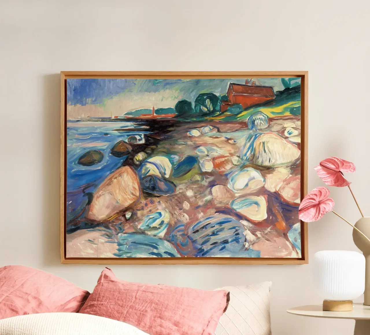 Ufer mit rotem Haus von Edvard Munch Leinwand mit Schattenfugenrahmen von Slowlylow