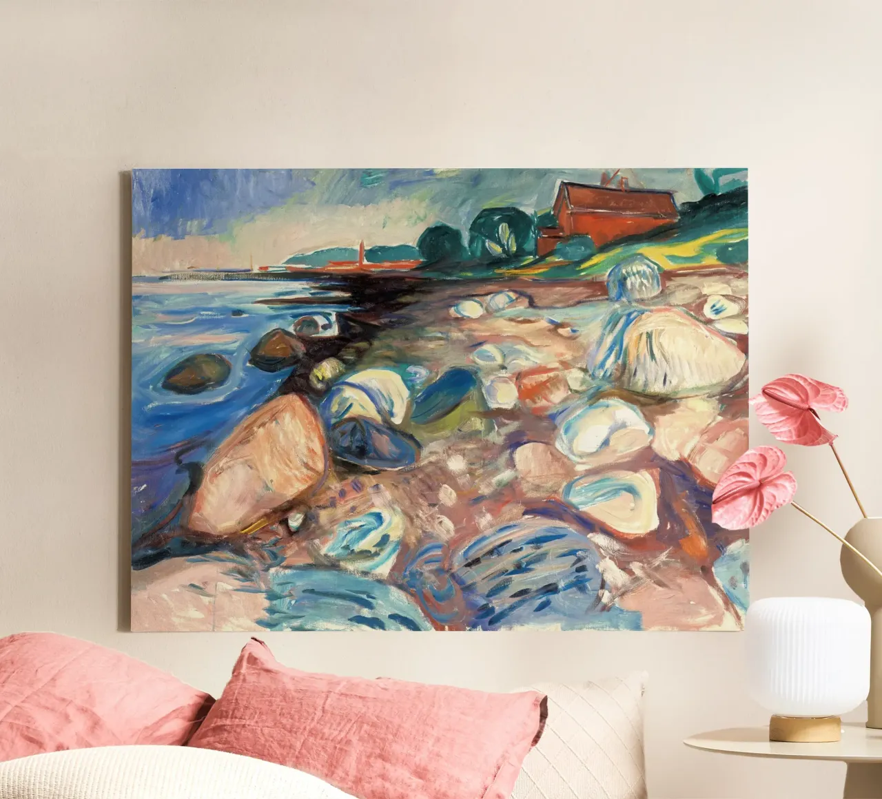 Ufer mit rotem Haus von Edvard Munch Leinwand mit Schattenfugenrahmen von Slowlylow