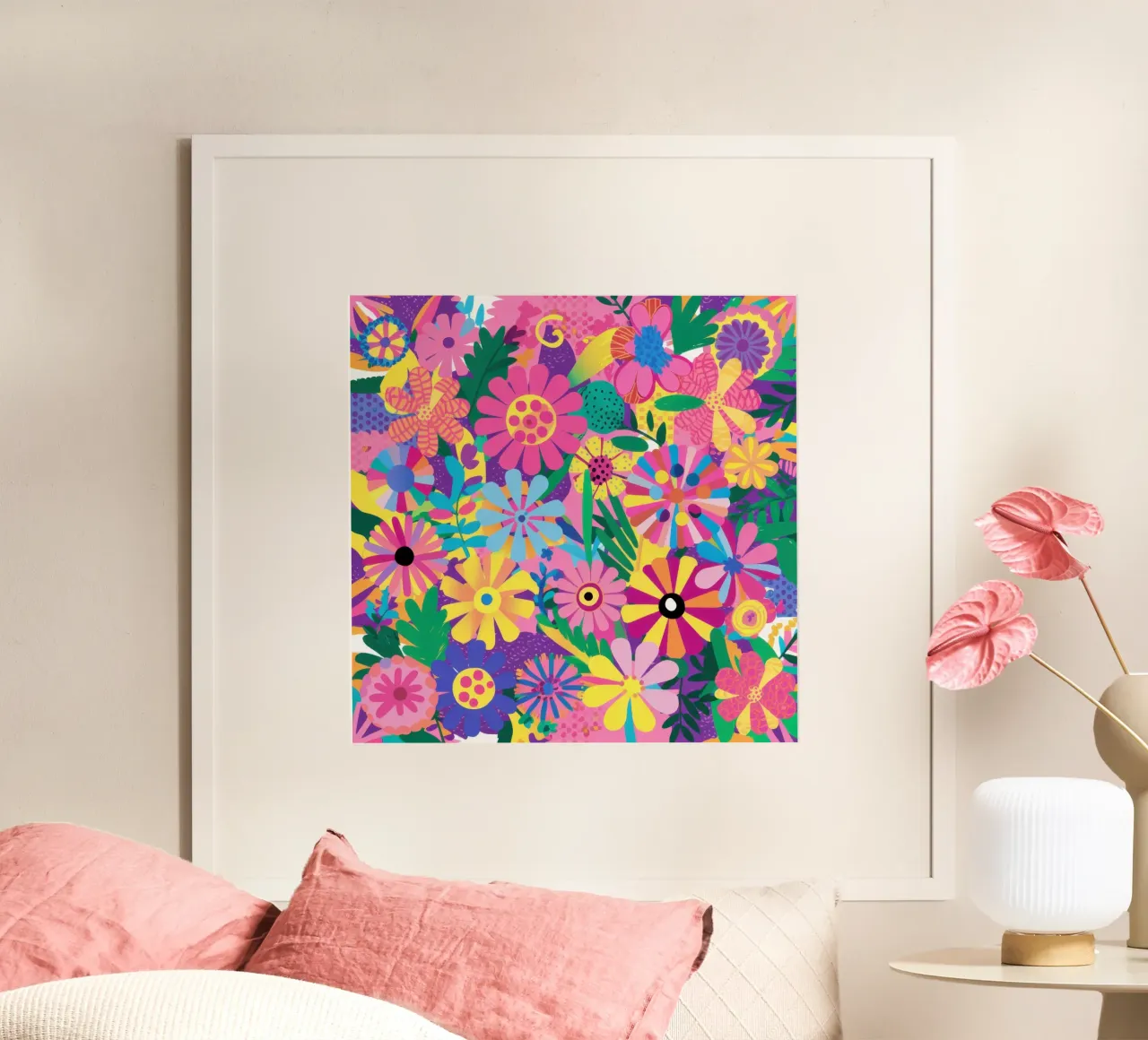 Scoppio caleidoscopico di fiori poster con telaio in legno da Sure Paint