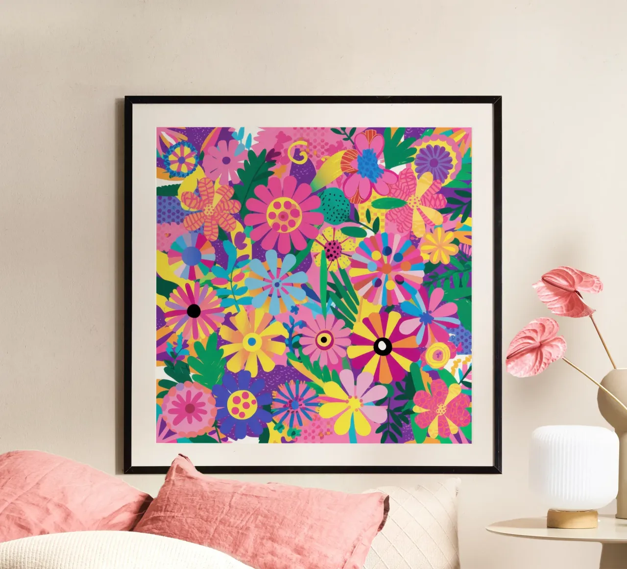 Scoppio caleidoscopico di fiori poster con telaio in legno da Sure Paint