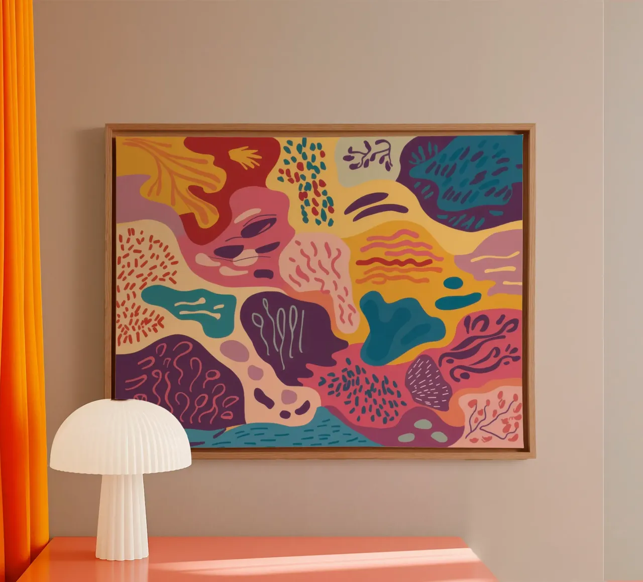 Abstract Coral Dance canvas with Floater frame by Sure Paint
