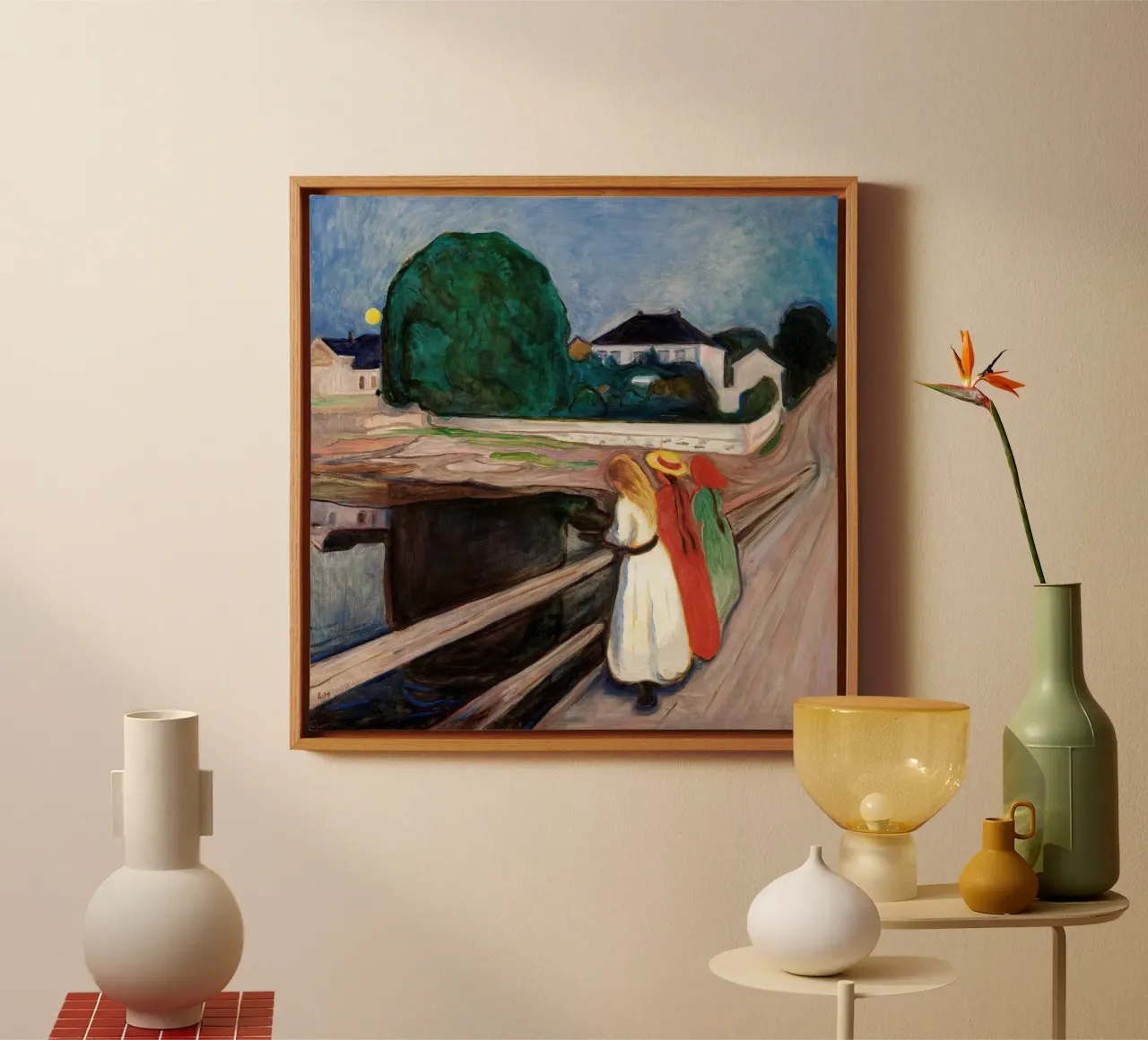 Le ragazze sul ponte di Edvard Munch tela con Cornice a cassetta da Slowlylow