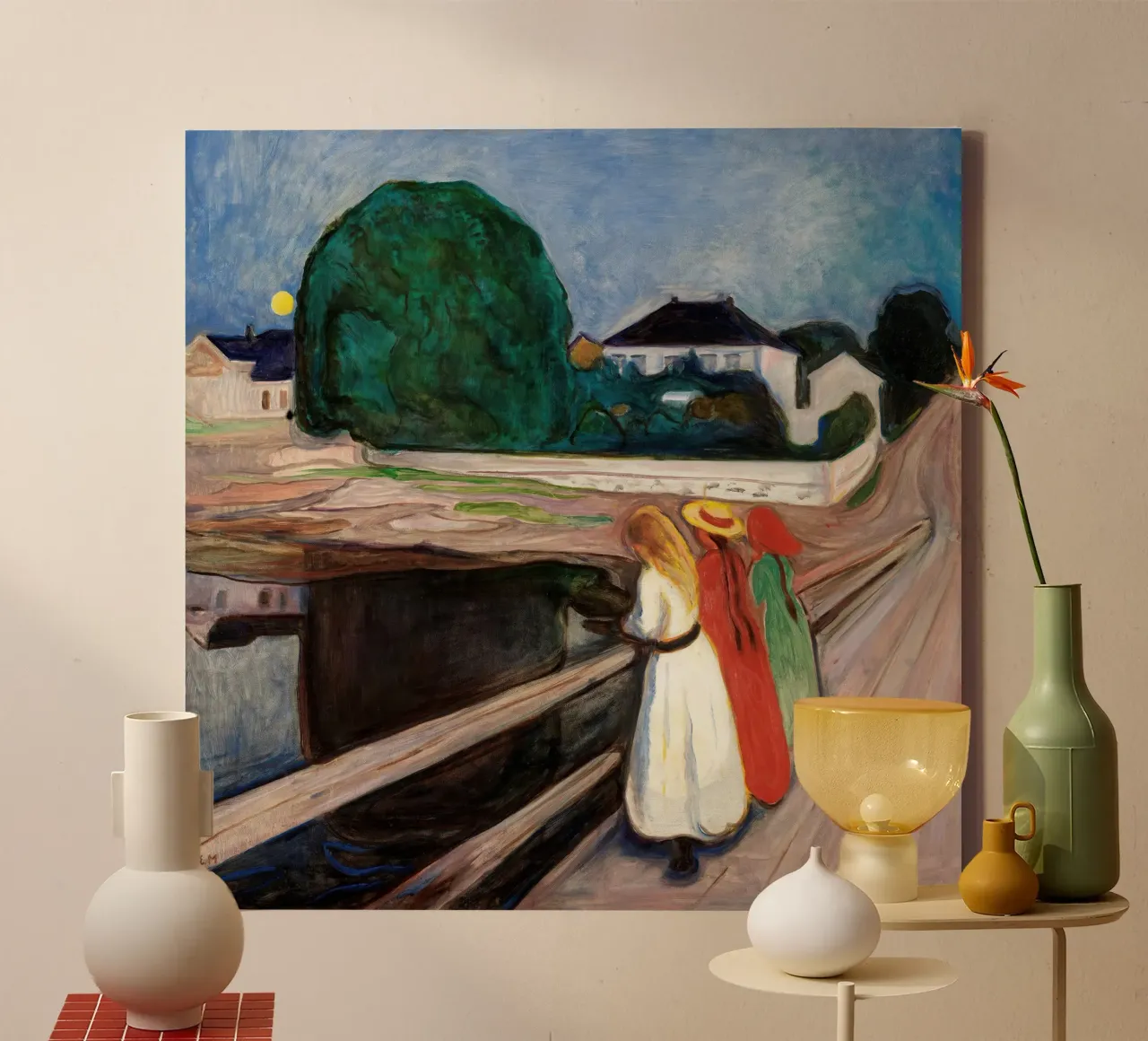 Le ragazze sul ponte di Edvard Munch tela con Cornice a cassetta da Slowlylow
