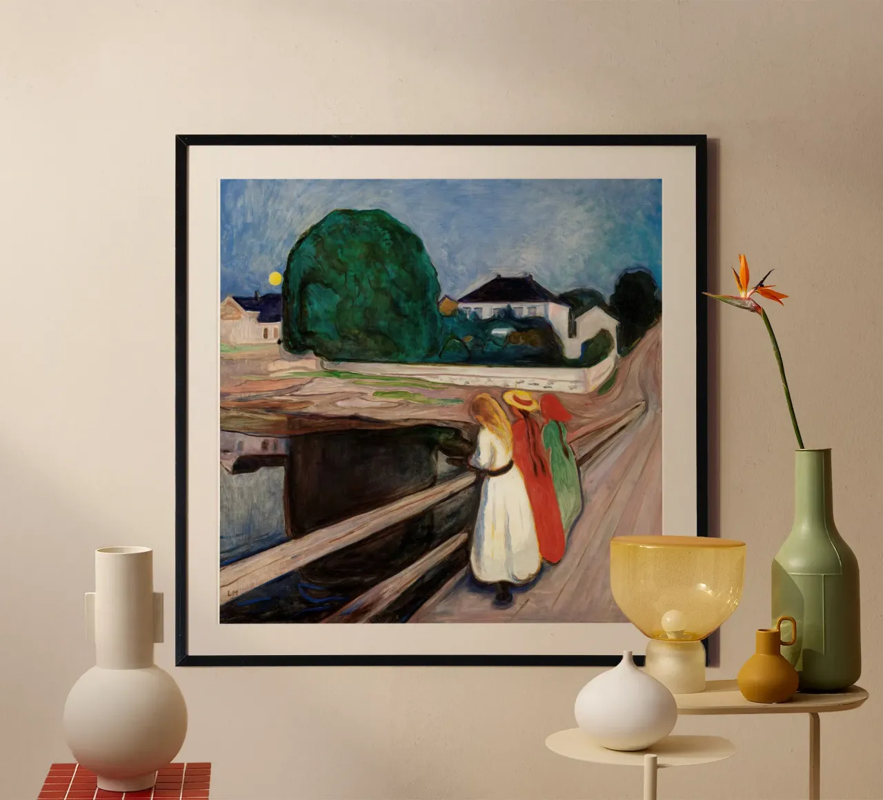 Le ragazze sul ponte di Edvard Munch poster con telaio in alluminio da Slowlylow