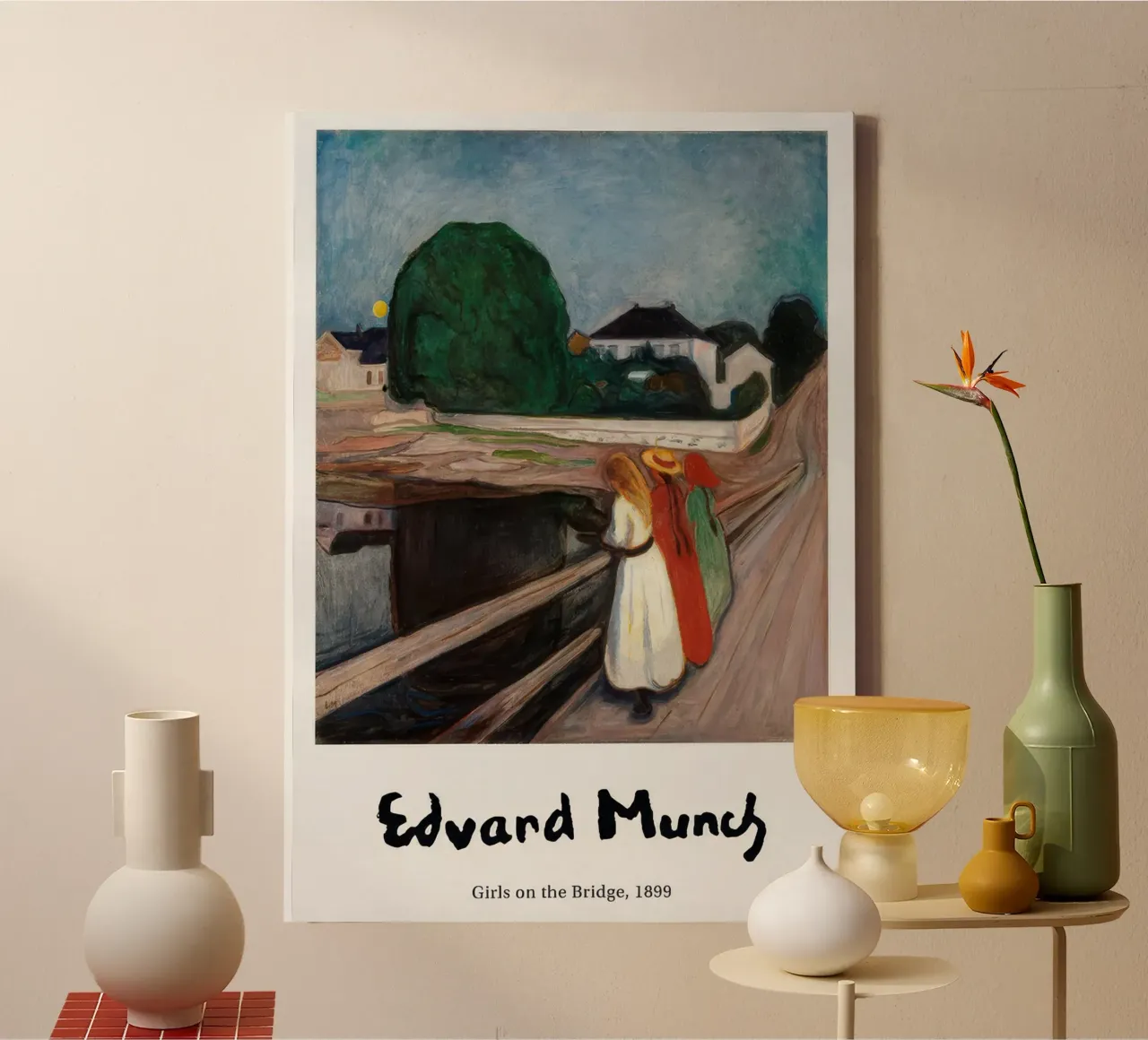 Poster di Edvard Munch - Ragazze sul ponte tela con Cornice a cassetta da Slowlylow