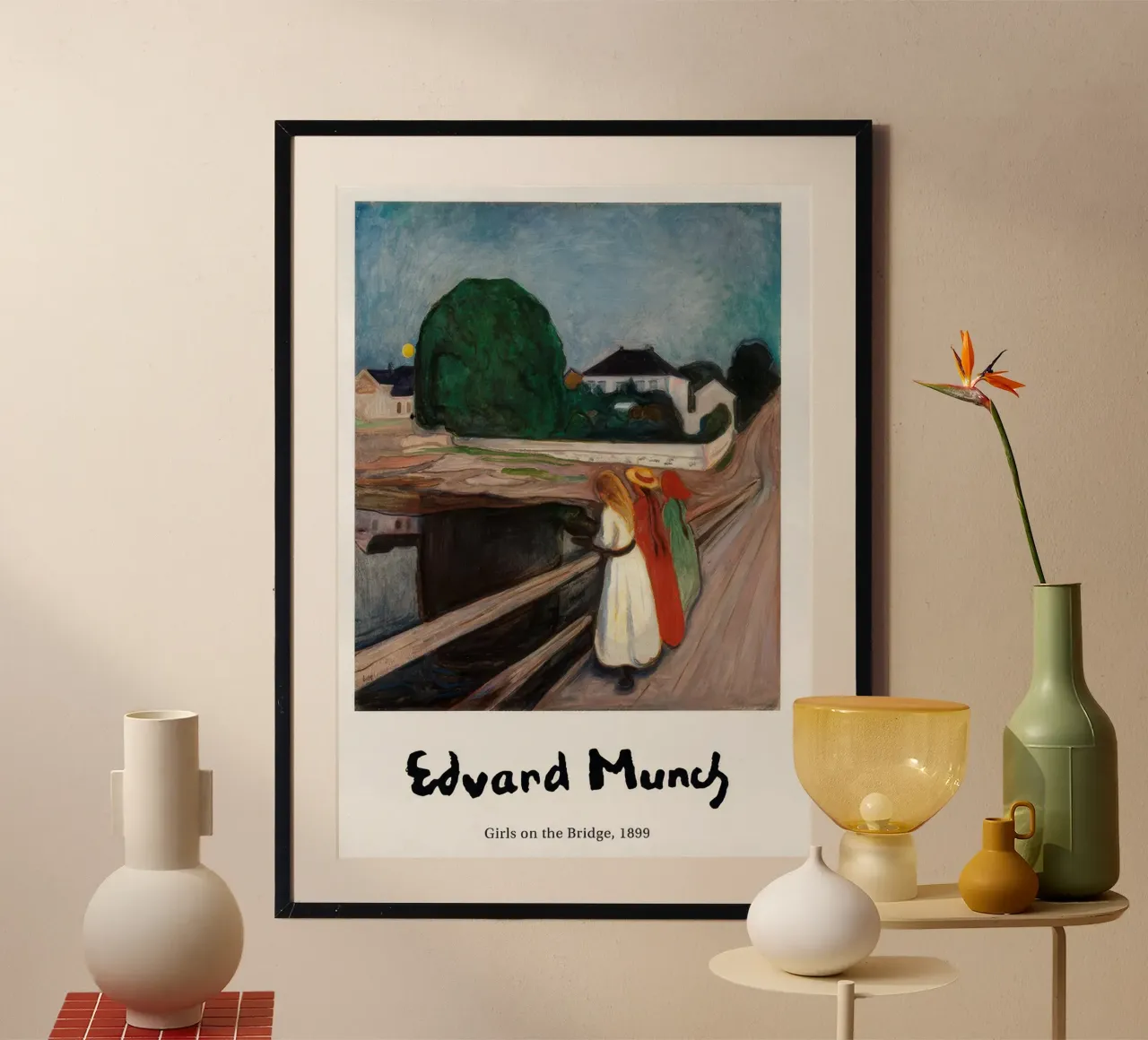 Poster di Edvard Munch - Ragazze sul ponte poster con telaio in alluminio da Slowlylow