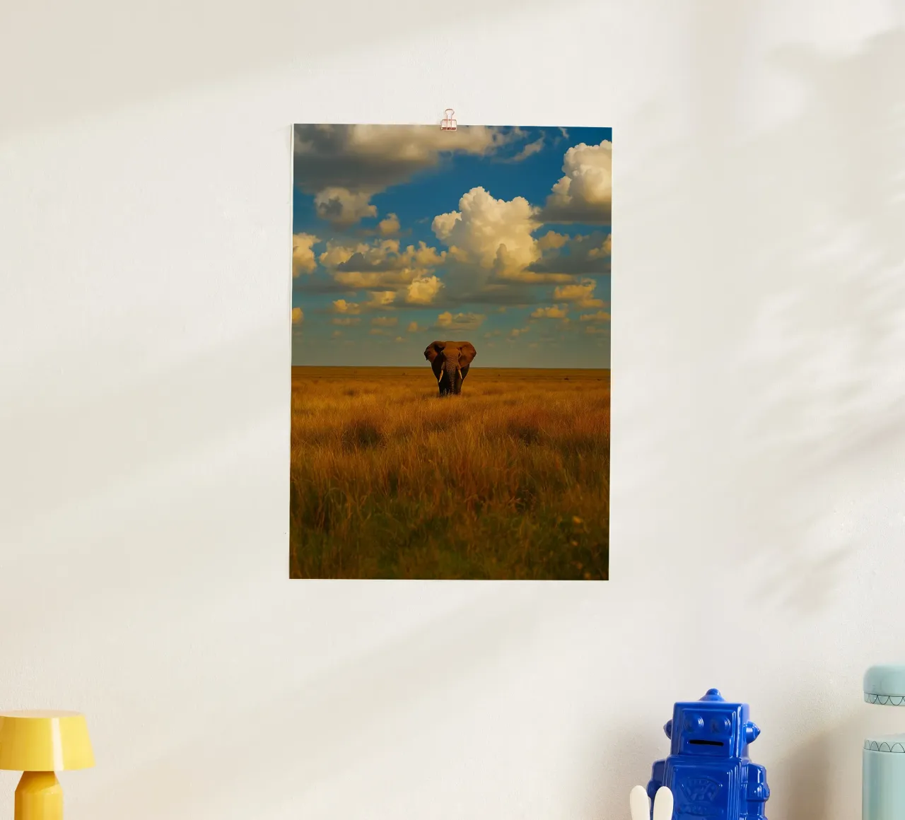 elefante nella prateria panorama naturale poster con telaio in alluminio da chinerei