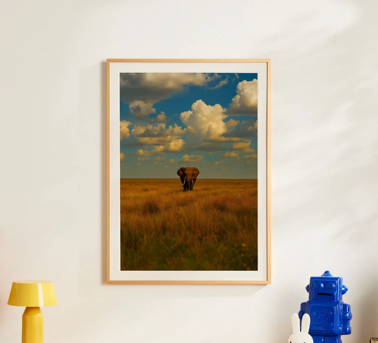 elefante nella prateria panorama naturale poster con telaio in alluminio da chinerei